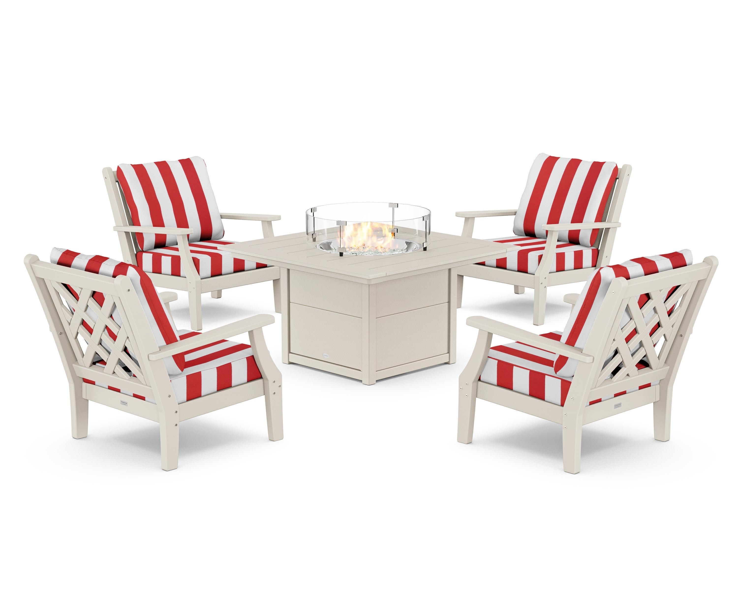 Wovendale 5-Piece Deep Seating Set with Fire Pit Table in Sand / Cabana Stripe Crimson