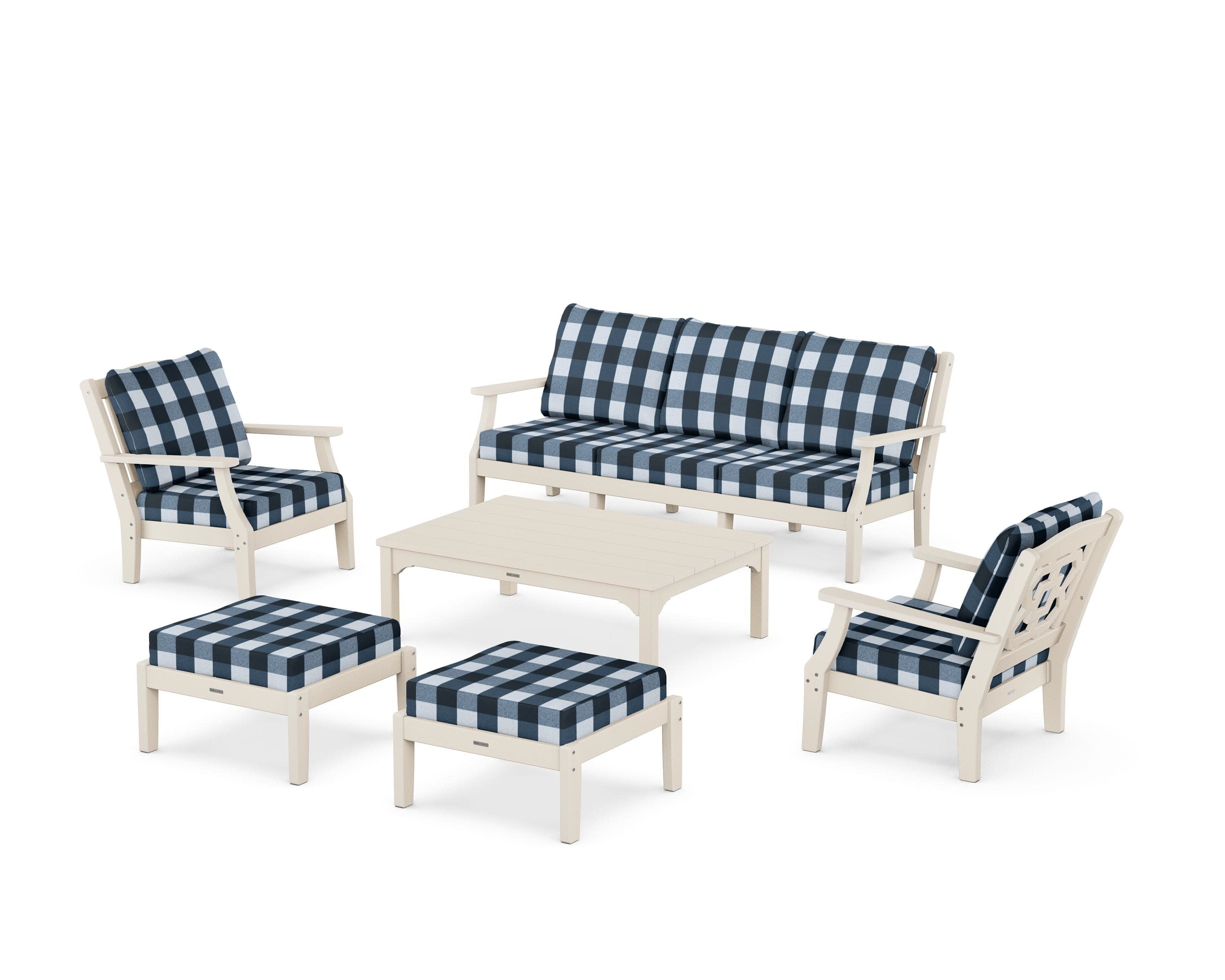 Chinoiserie 6-Piece Lounge Sofa Set in Sand / Buffalo Plaid Marine Indigo