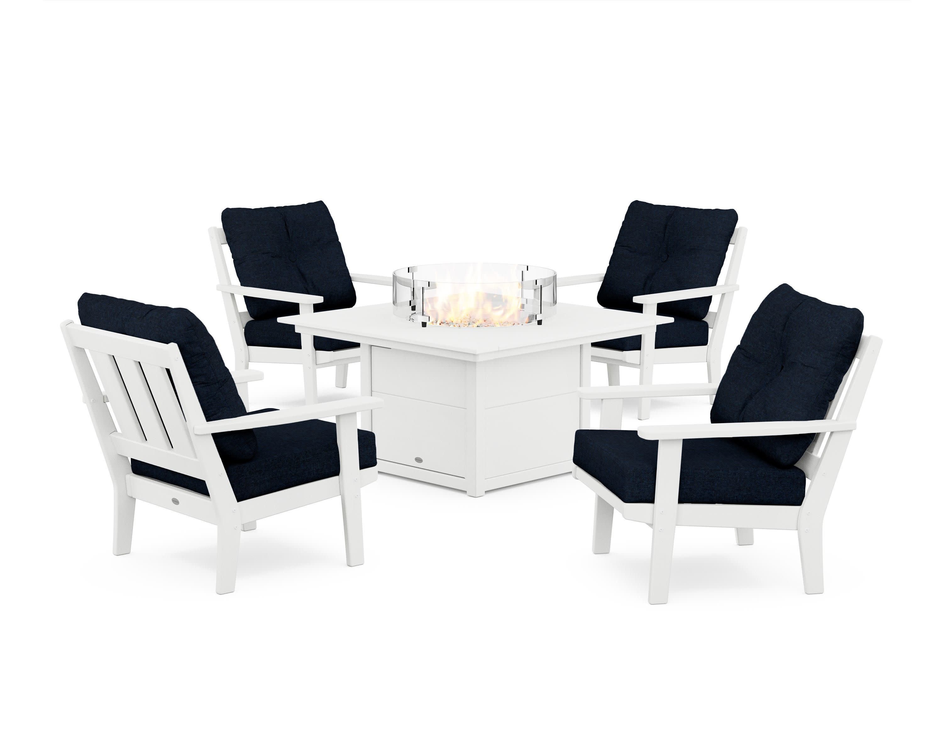 Oxford 5-Piece Deep Seating Set with Fire Pit Table in White / Marine Indigo