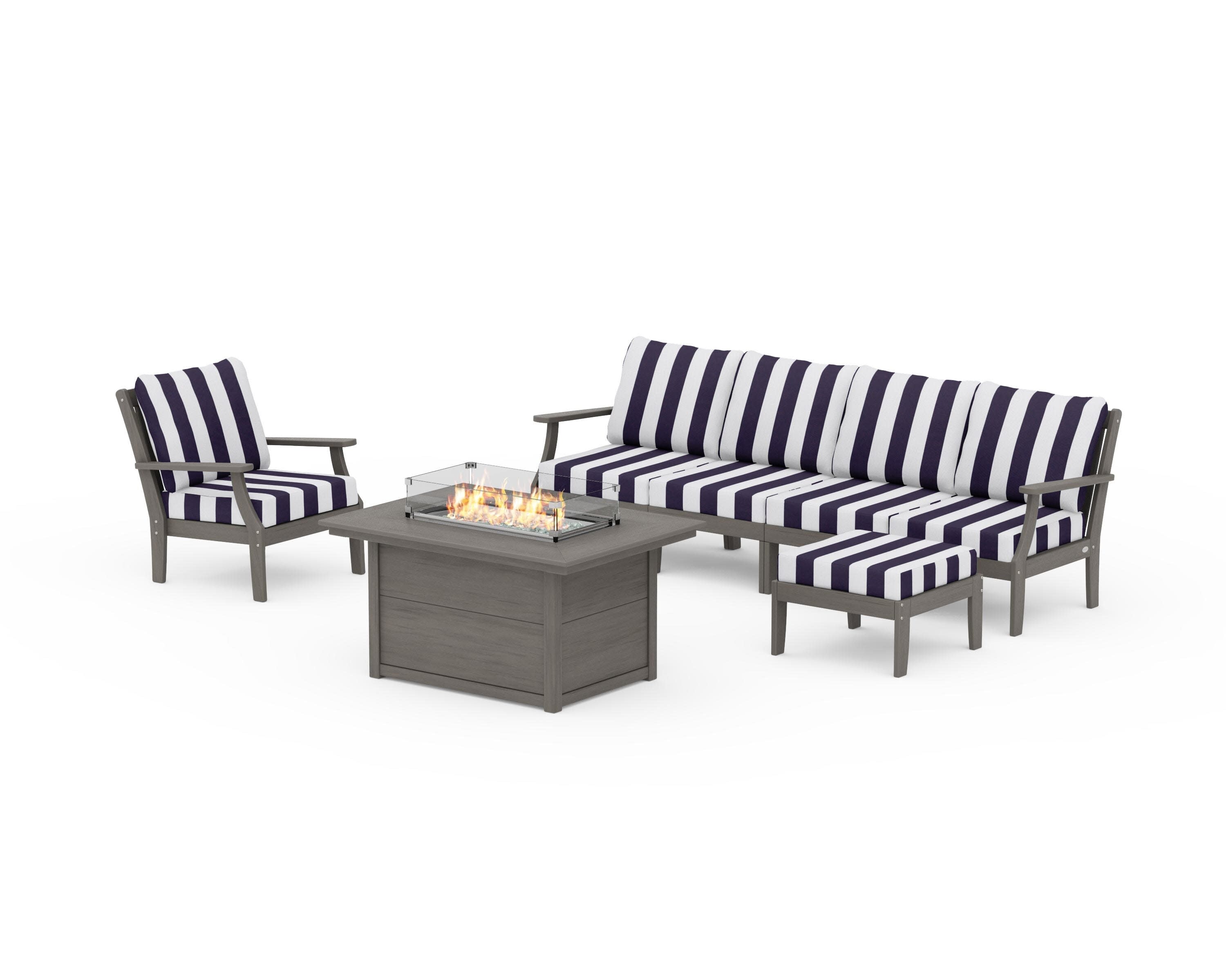 Braxton Sectional Lounge and Fire Pit Set in Driftwood / Cabana Stripe Navy