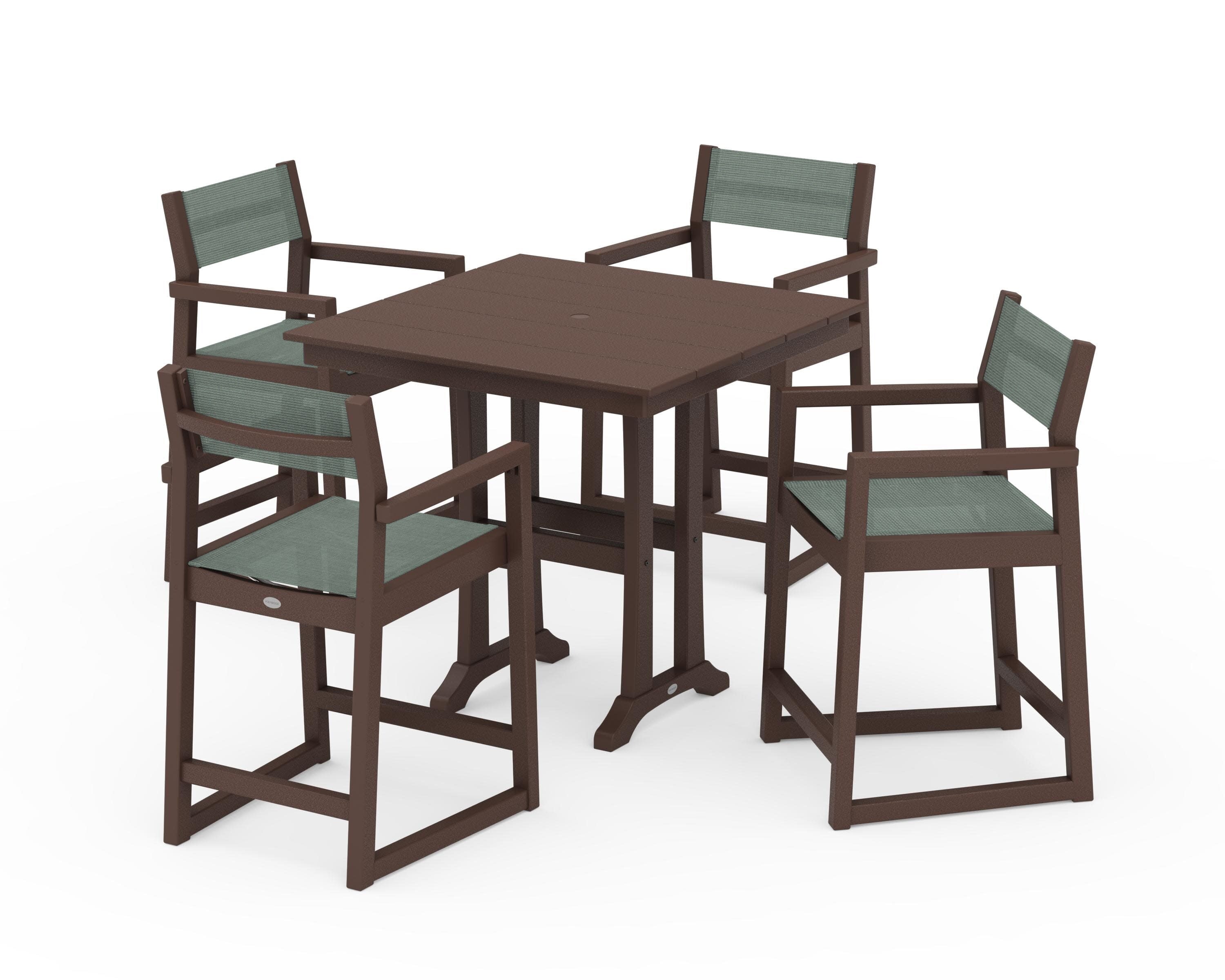 EDGE Sling Arm Chair 5-Piece Farmhouse Counter Set with Trestle Legs in Mahogany / Dupioni Sea Mist Sling