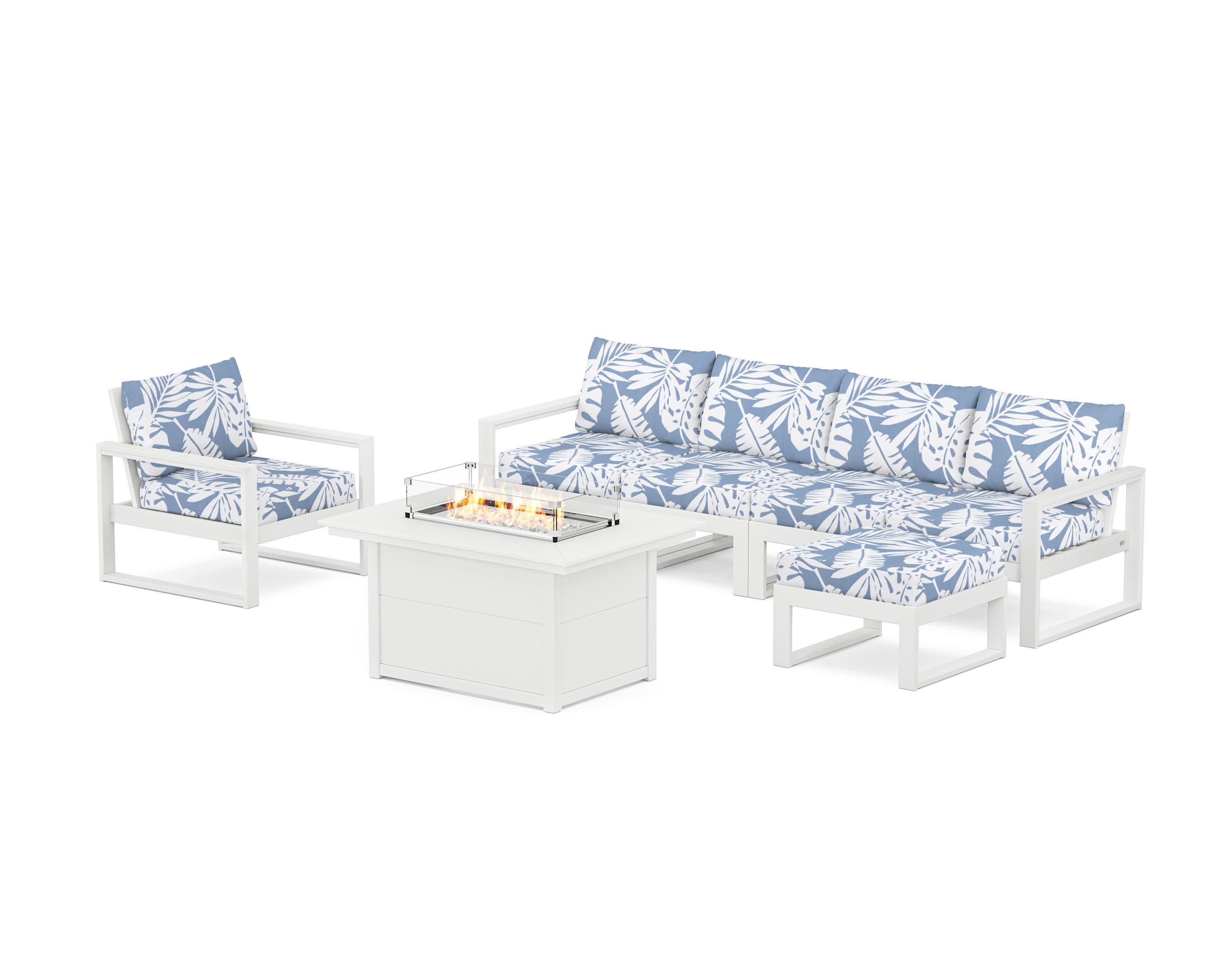 EDGE Sectional Lounge and Fire Pit Set in White / Leaf Sky Blue
