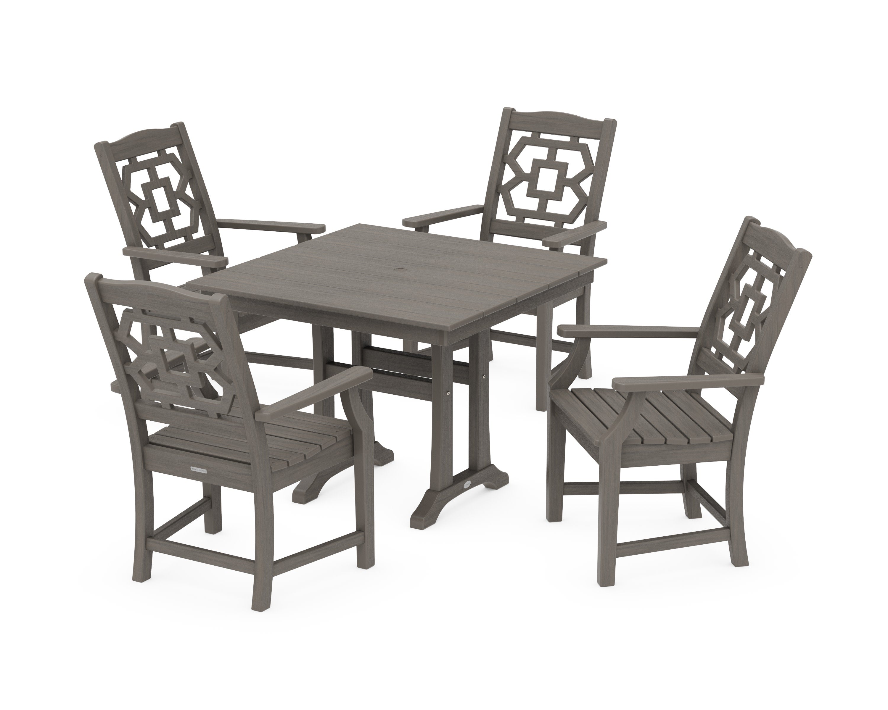 Chinoiserie 5-Piece Farmhouse Dining Set with Trestle Legs in Driftwood