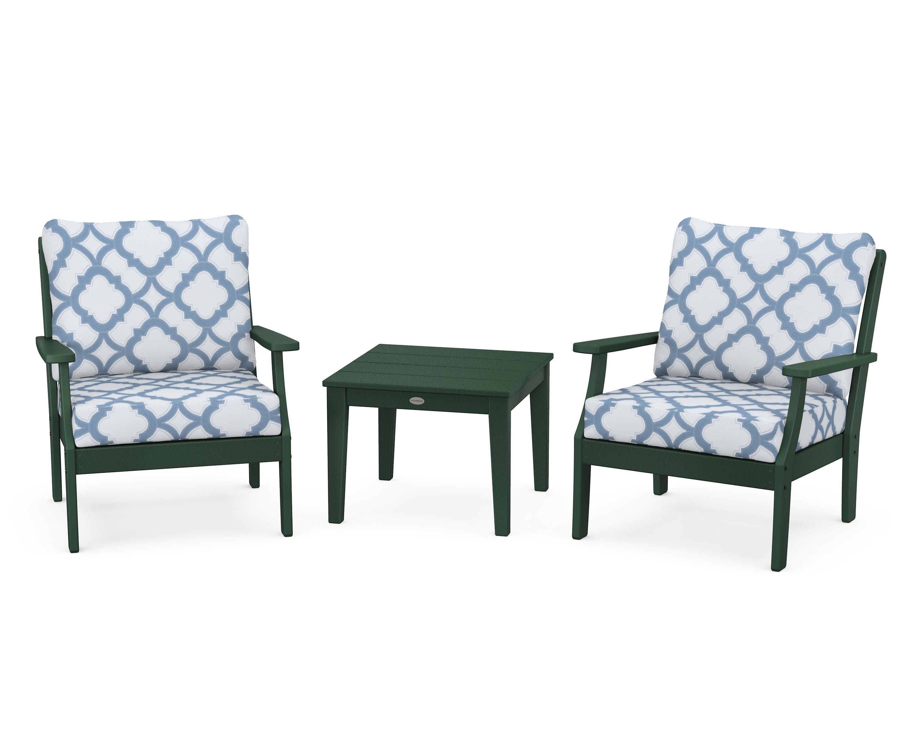 Braxton 3-Piece Deep Seating Set in Green / Trellis Sky Blue