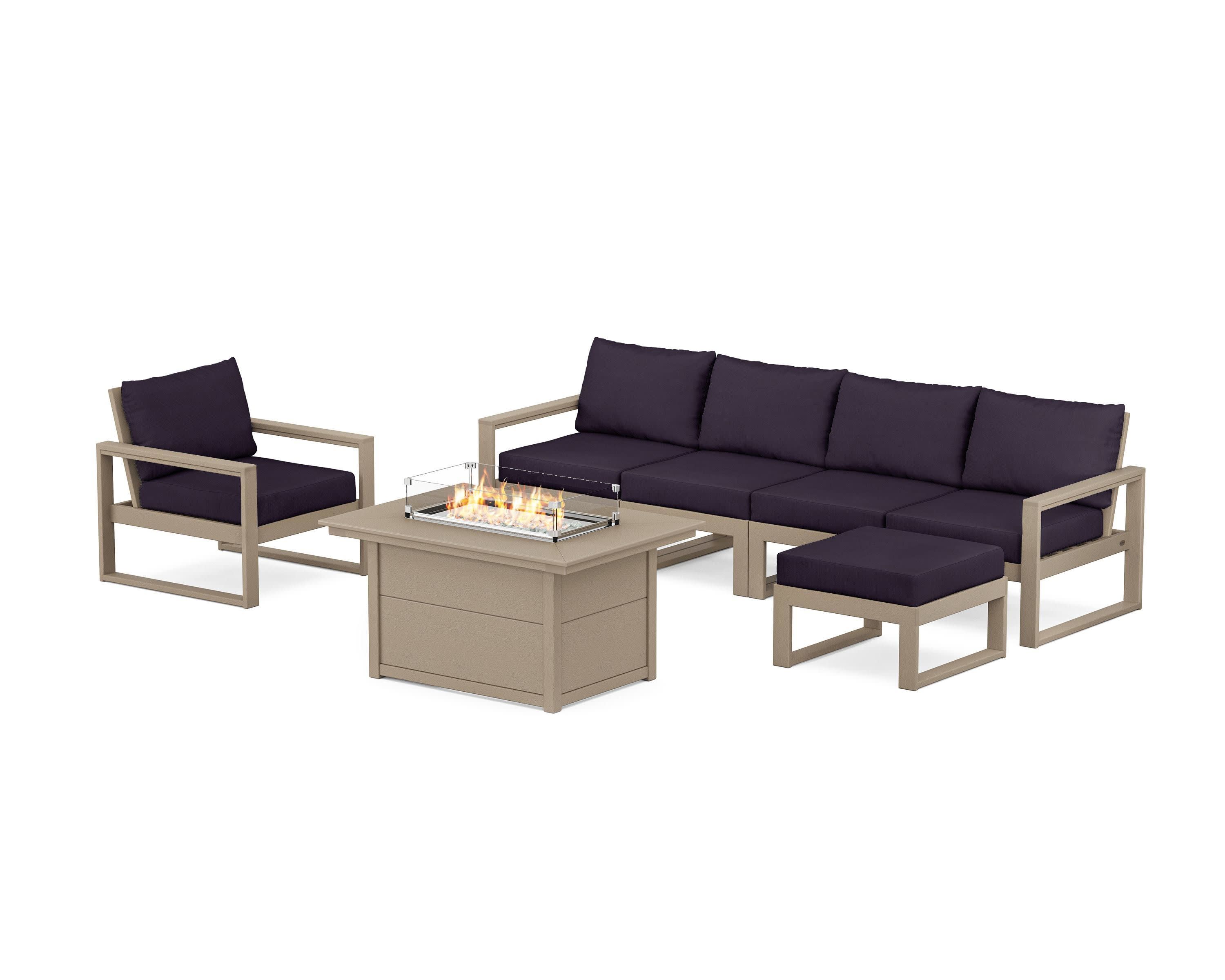 EDGE Sectional Lounge and Fire Pit Set in Vintage Sahara / Navy Linen
