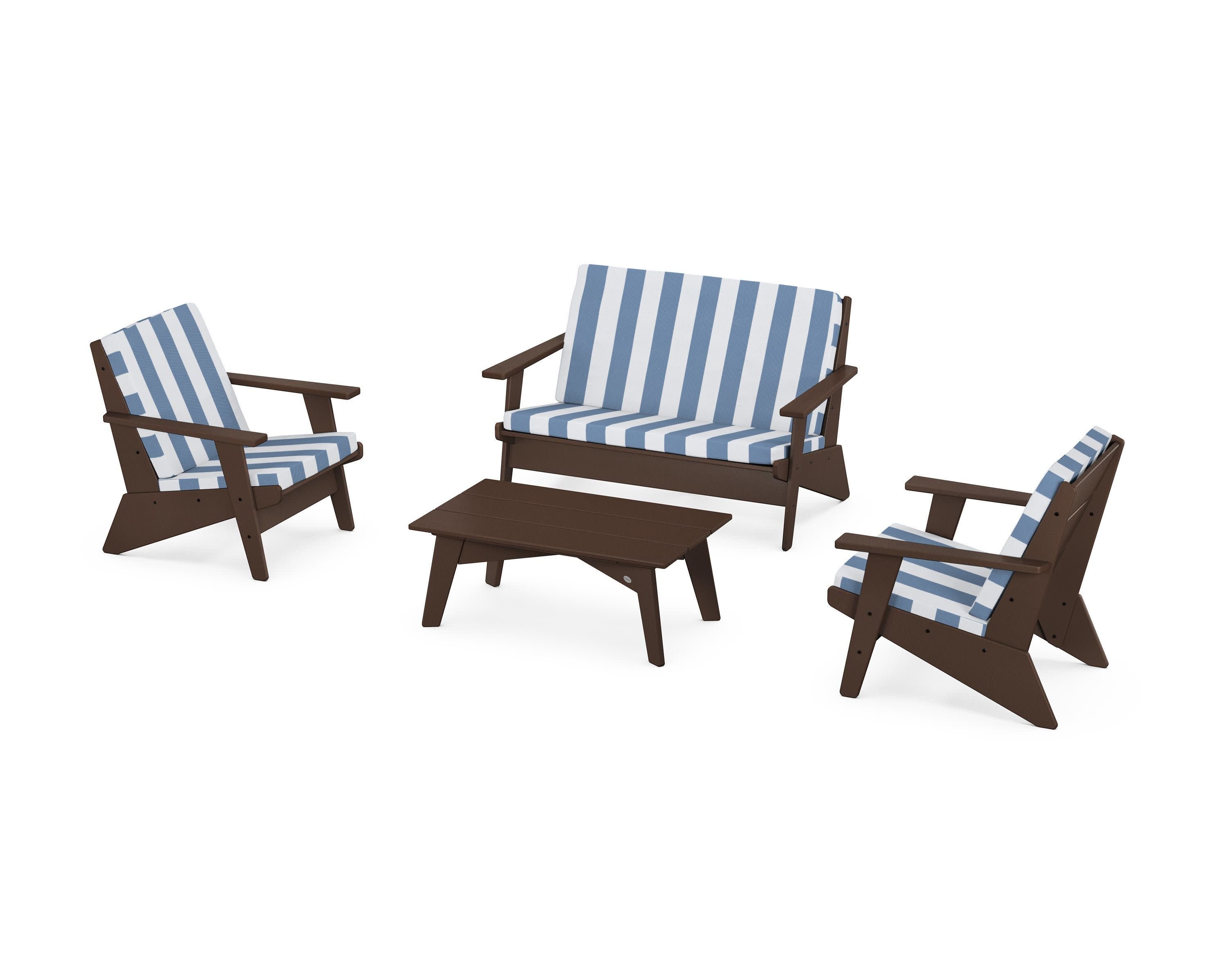Riviera Modern Lounge 4-Piece Set in Mahogany / Cabana Stripe Sky Blue