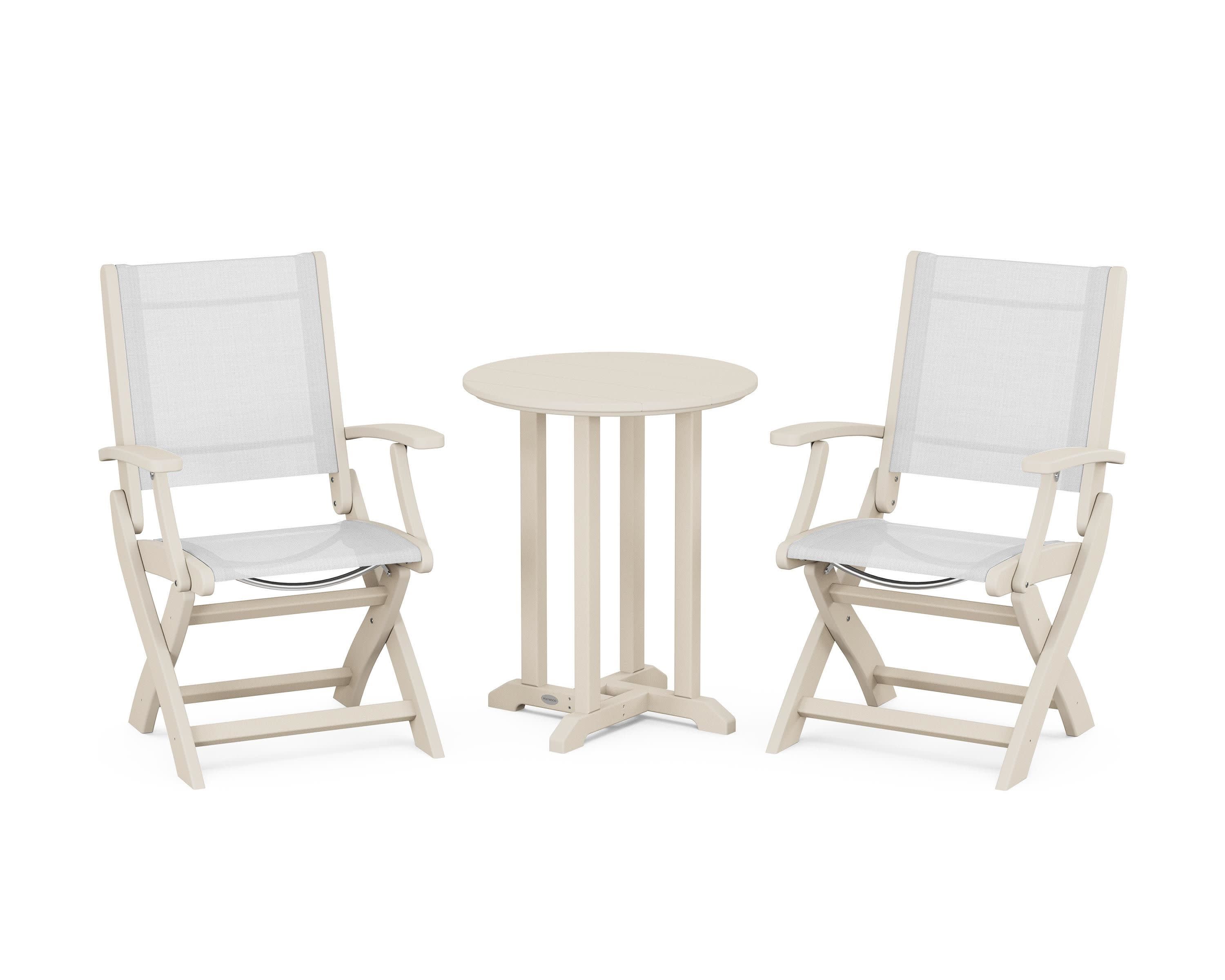 Coastal Folding 3-Piece Round Bistro Dining Set in Sand / White Sling