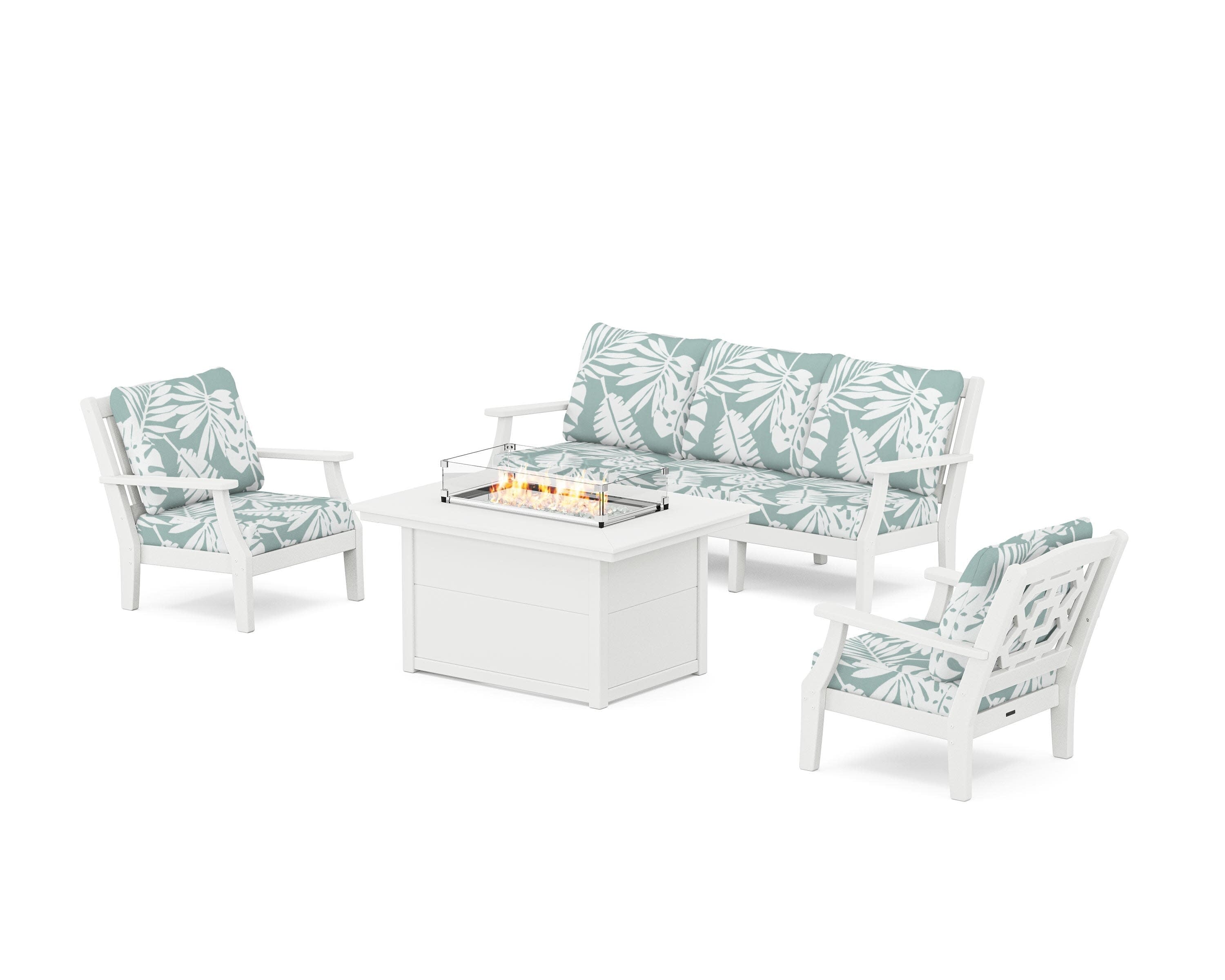 Chinoiserie Deep Seating Fire Pit Table Set in White / Leaf Glacier Spa
