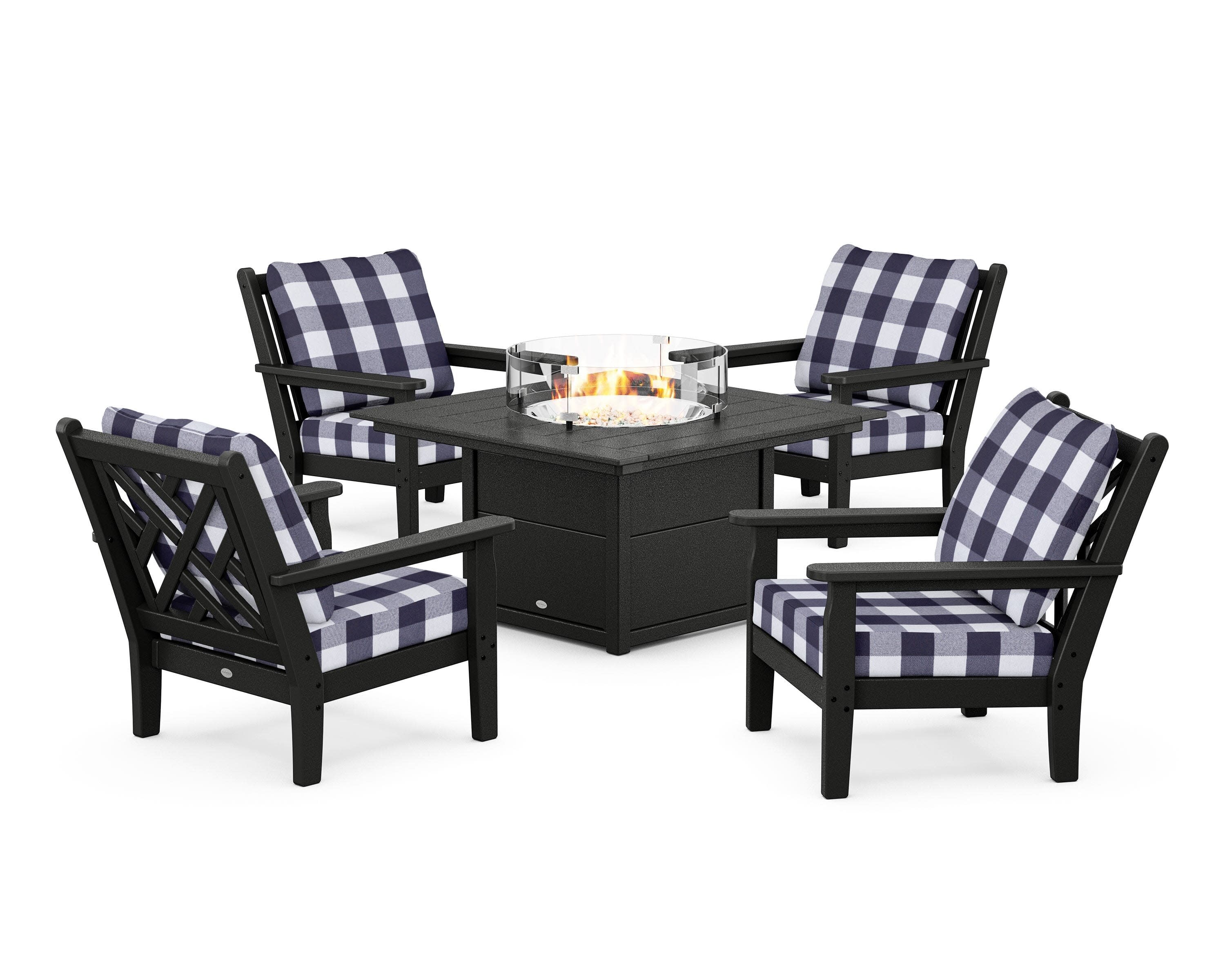 Chippendale 5-Piece Deep Seating Set with Fire Pit Table in Black / Buffalo Plaid Navy