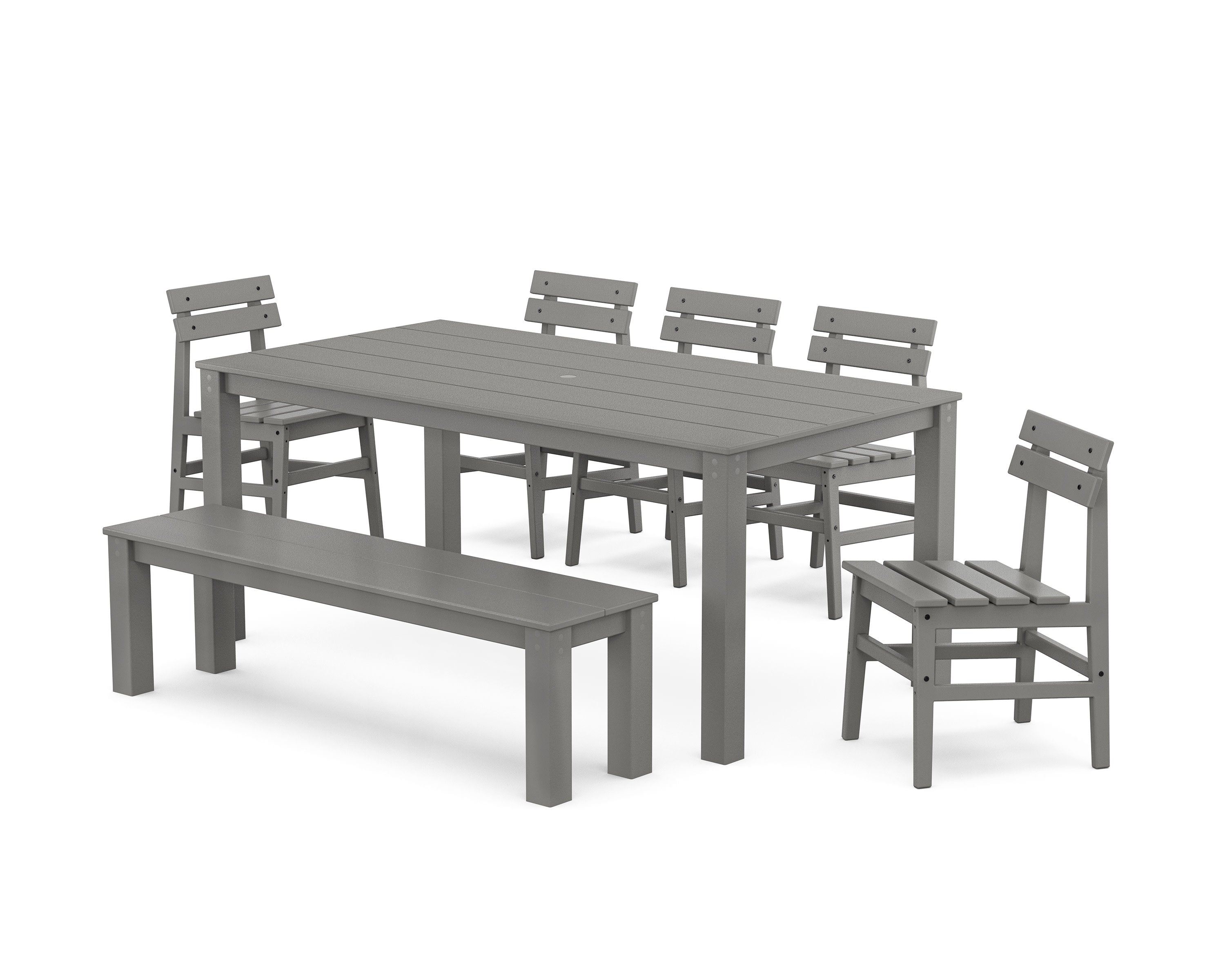 Modern Studio Plaza Chair 7-Piece Parsons Dining Set with Bench in Slate Grey