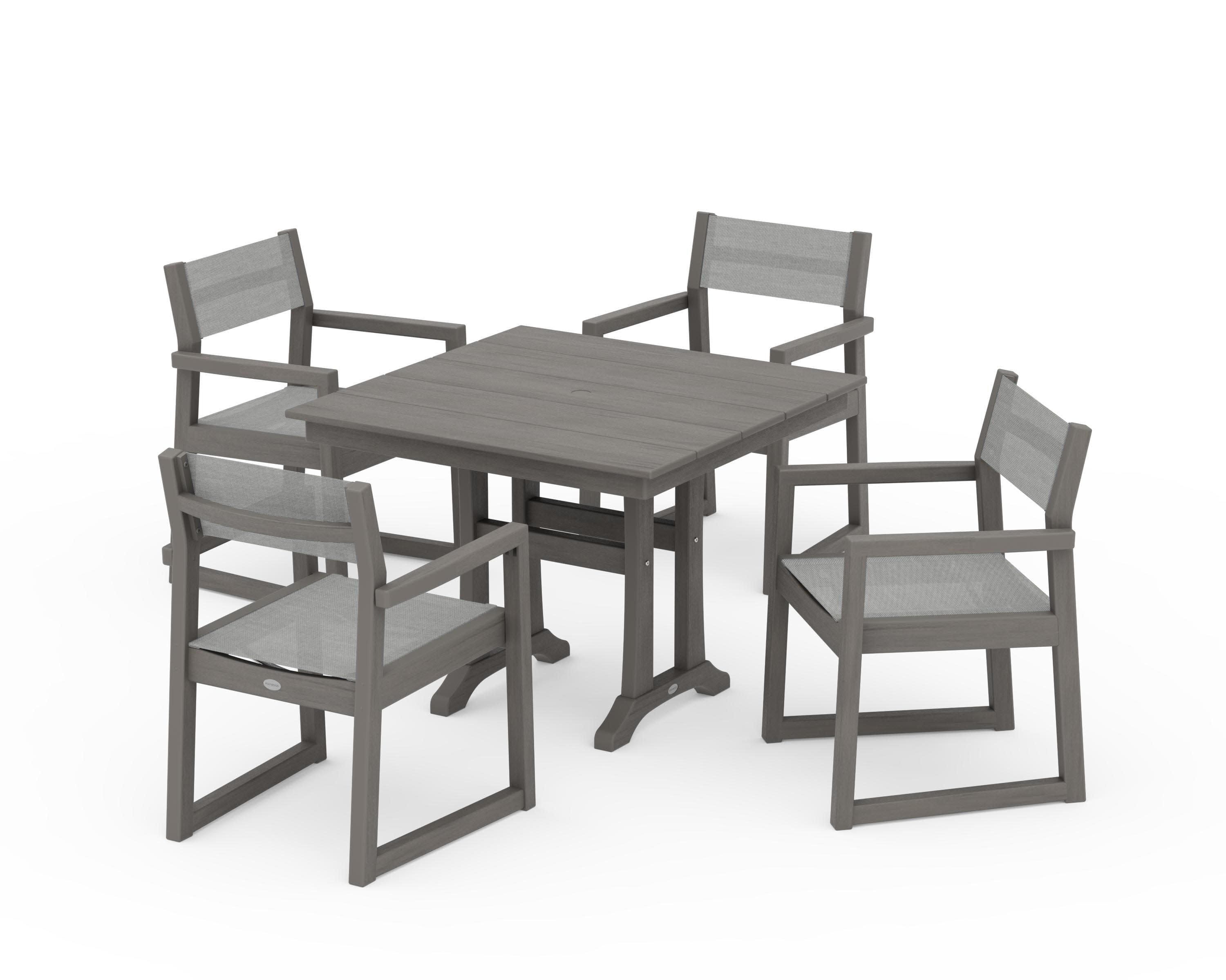 EDGE Sling 5-Piece Farmhouse Dining Set with Trestle Legs in Driftwood / Metallic Sling