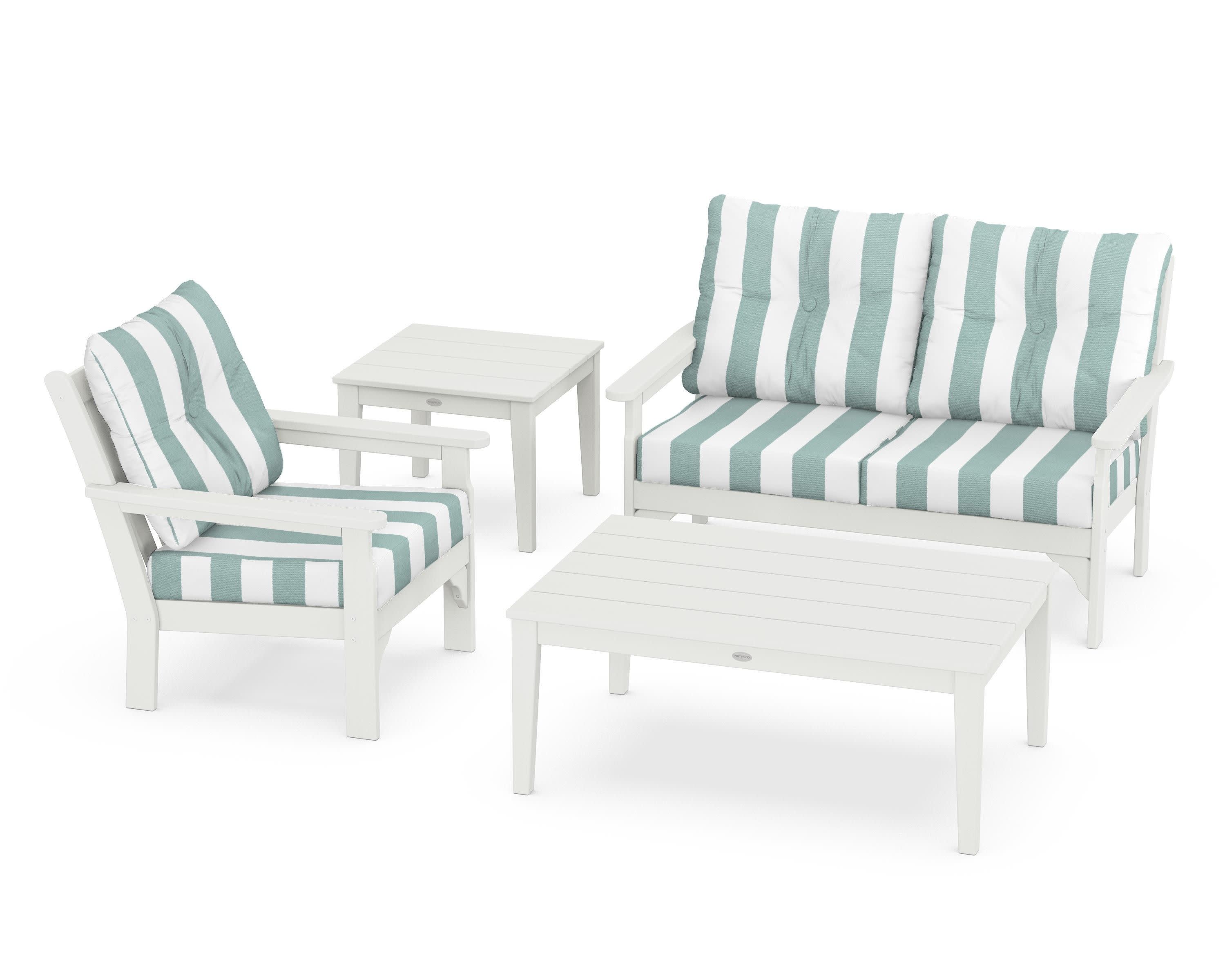 Vineyard 4-Piece Deep Seating Set in Vintage White / Cabana Stripe Glacier Spa