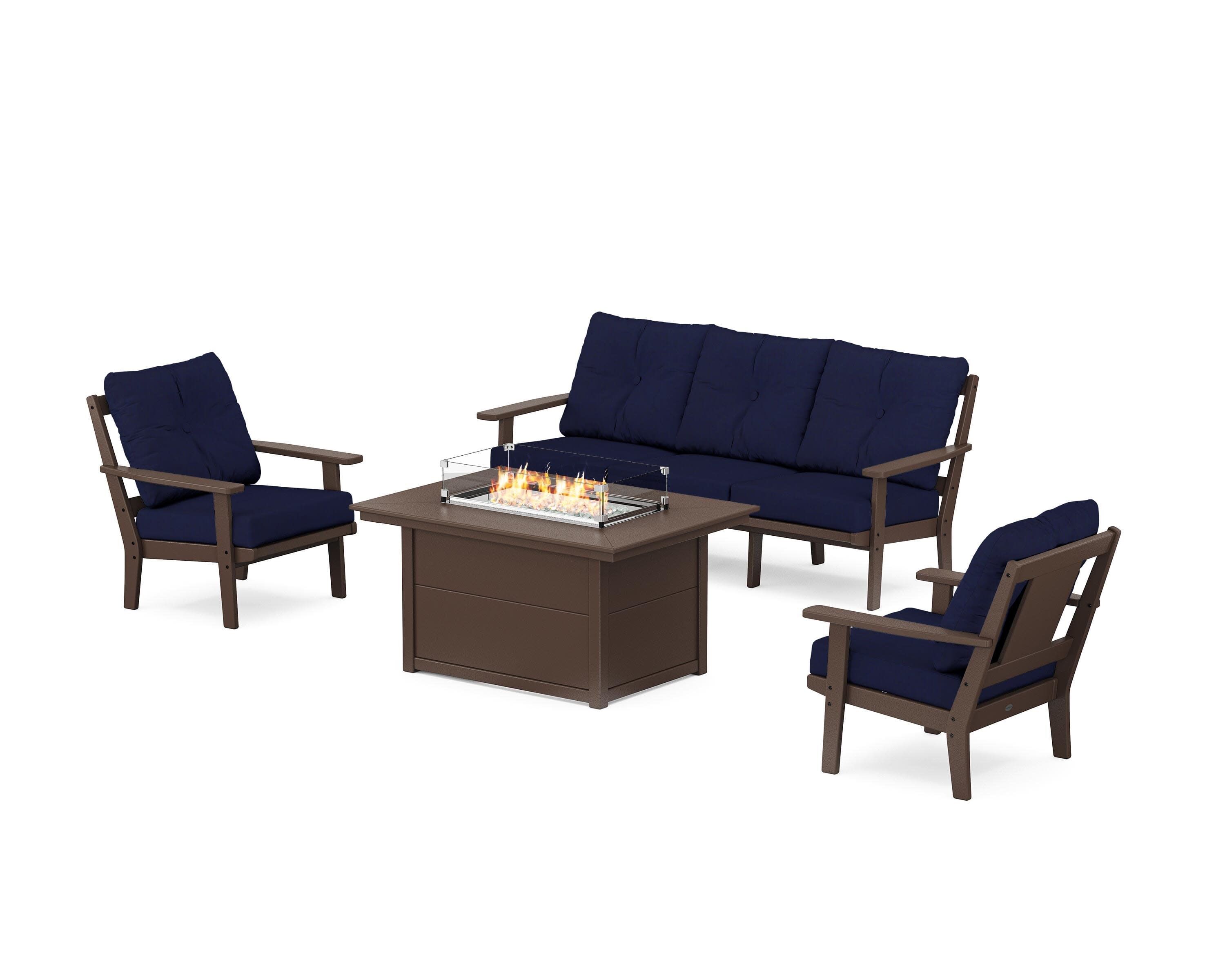 Prairie Deep Seating Fire Pit Table Set in Mahogany / Navy
