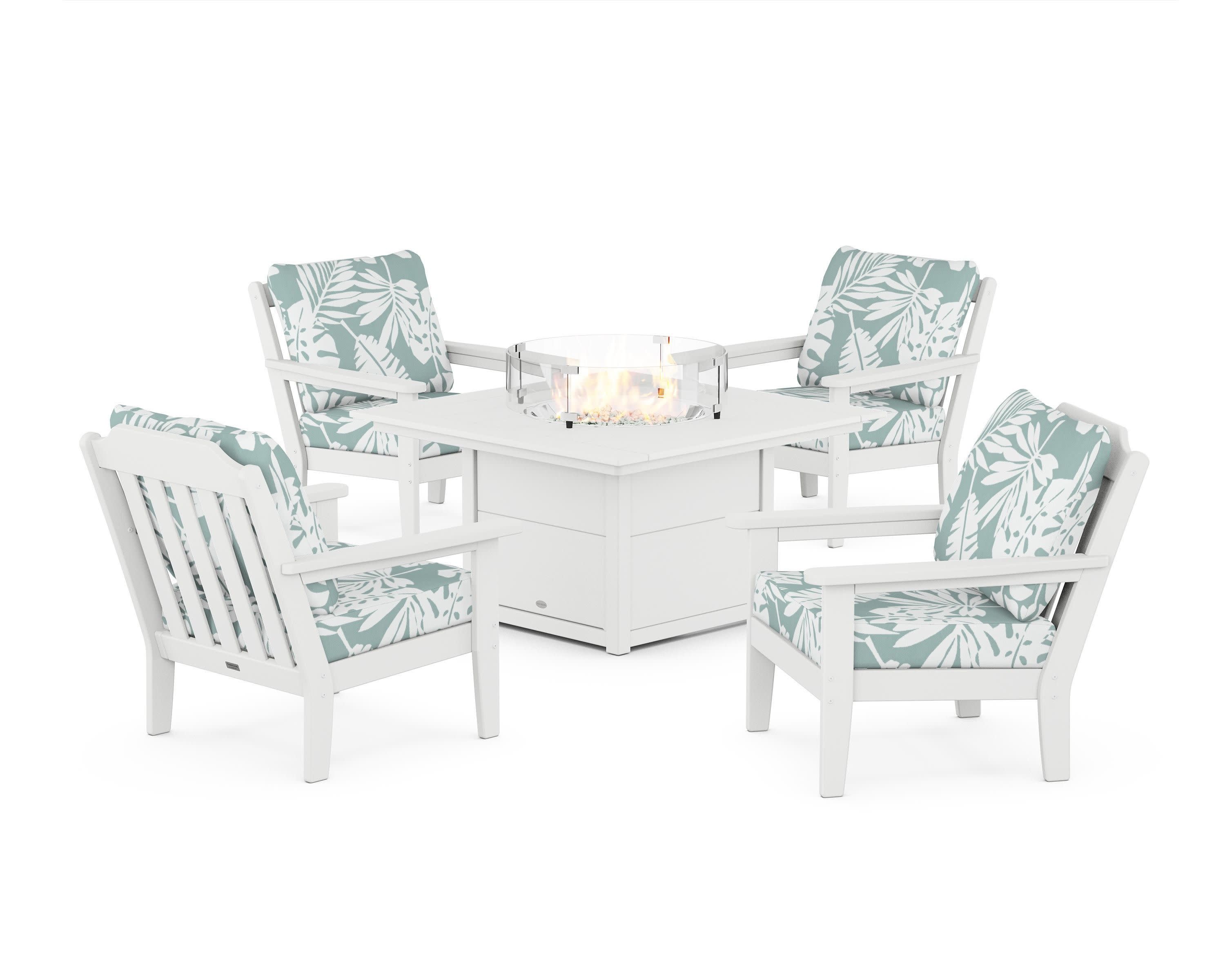 Cottage 5-Piece Deep Seating Set with Fire Pit Table in White / Leaf Glacier Spa