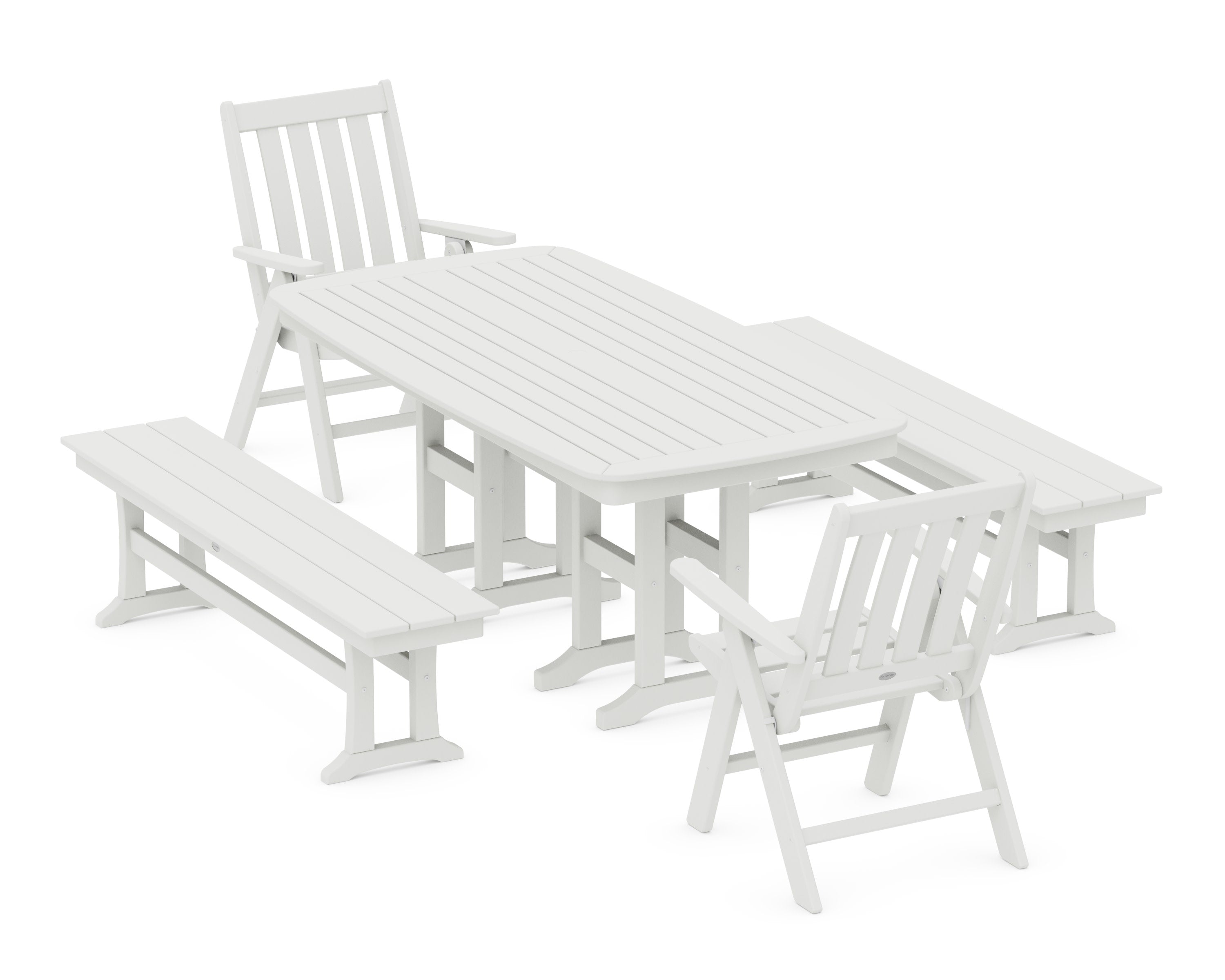 Vineyard Folding Chair 6-Piece Dining Set with Benches in Vintage White