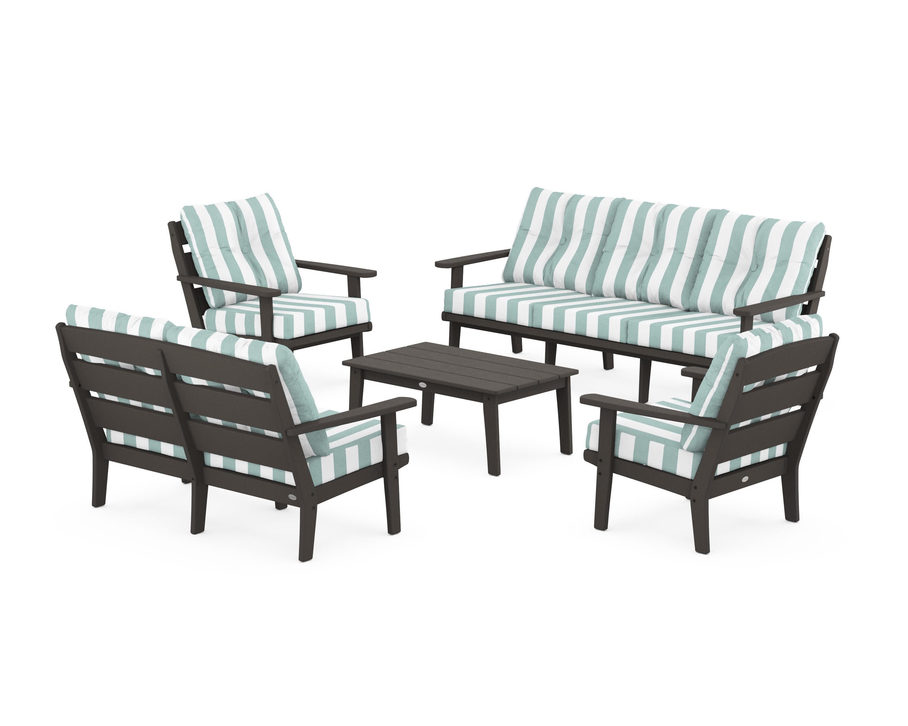 Lakeside 5-Piece Lounge Sofa Set in Vintage Coffee / Cabana Stripe Glacier Spa