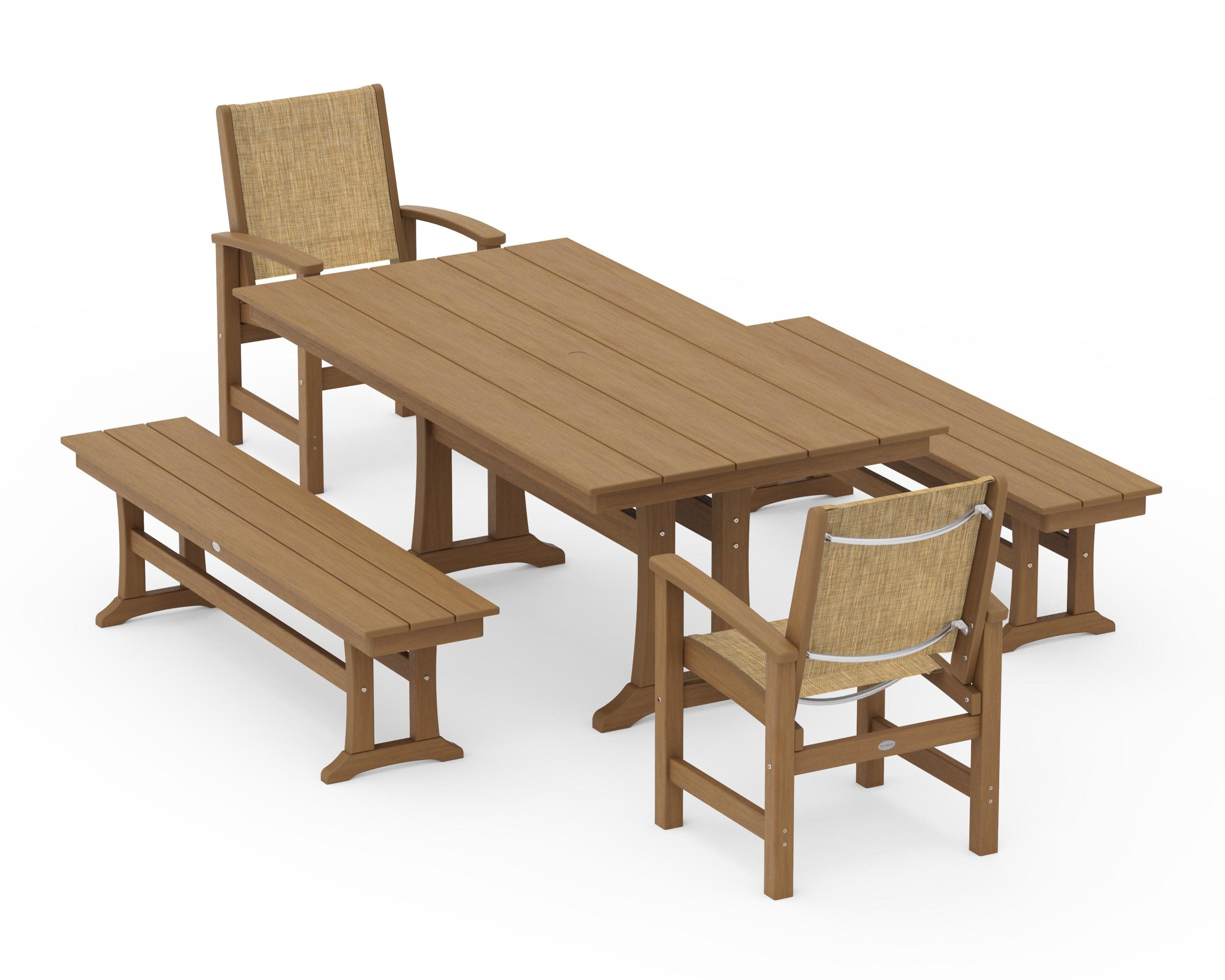 Coastal 5-Piece Farmhouse Dining Set with Trestle Legs and Benches in Natural / Burlap Sling