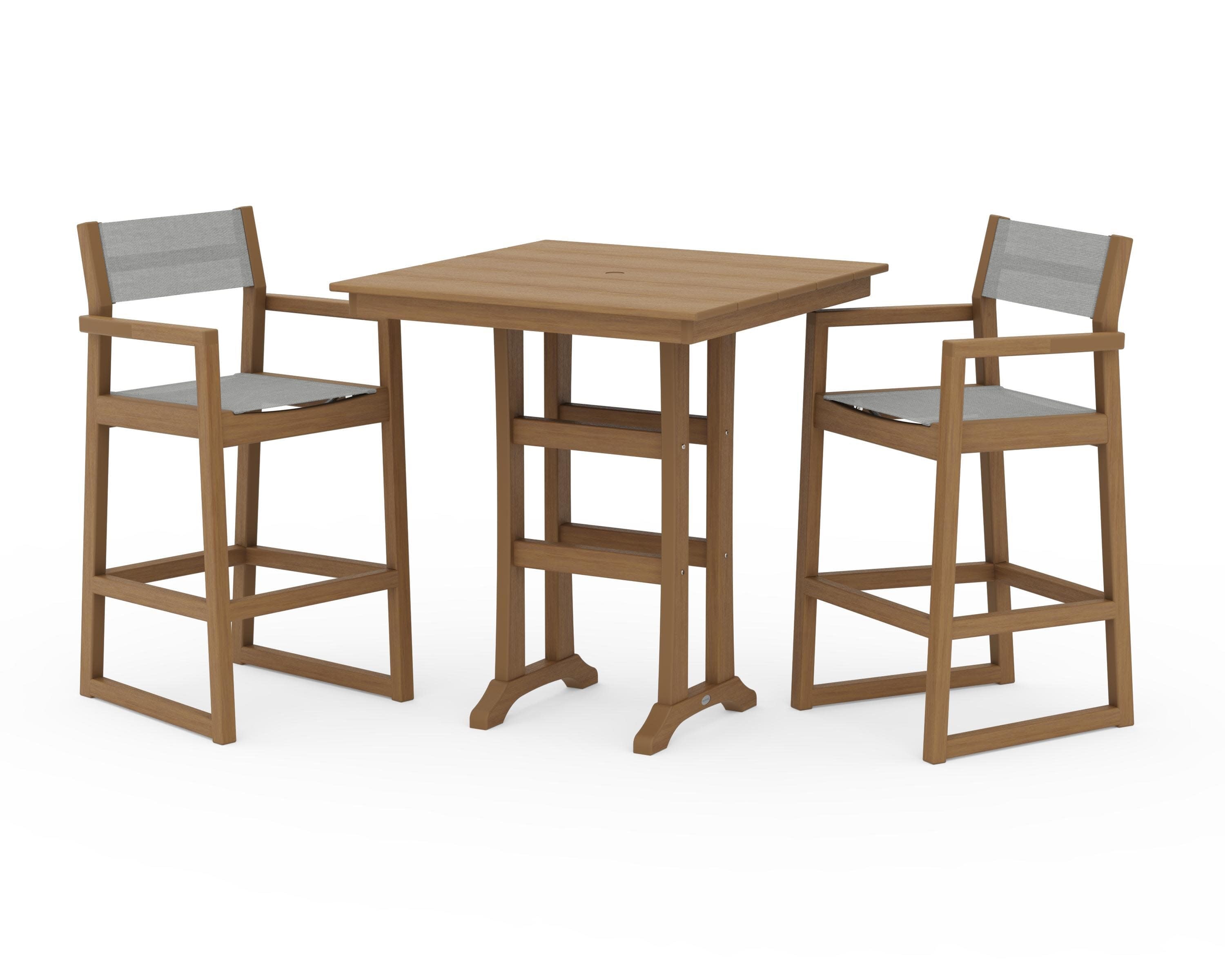 EDGE Sling Arm Chair 3-Piece Farmhouse Bar Set with Trestle Legs in Natural / Metallic Sling