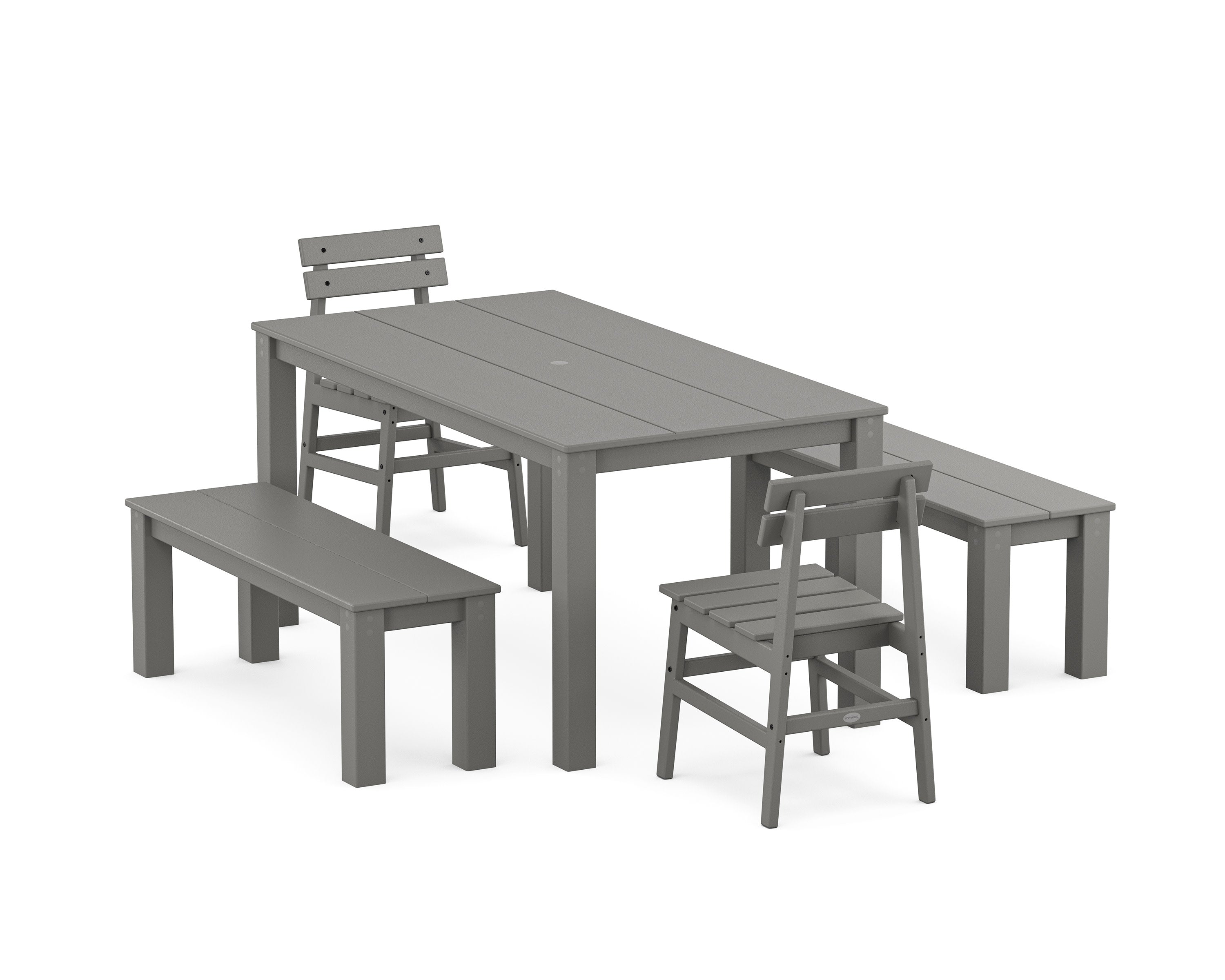 Modern Studio Plaza Chair 5-Piece Parsons Dining Set with Benches in Slate Grey