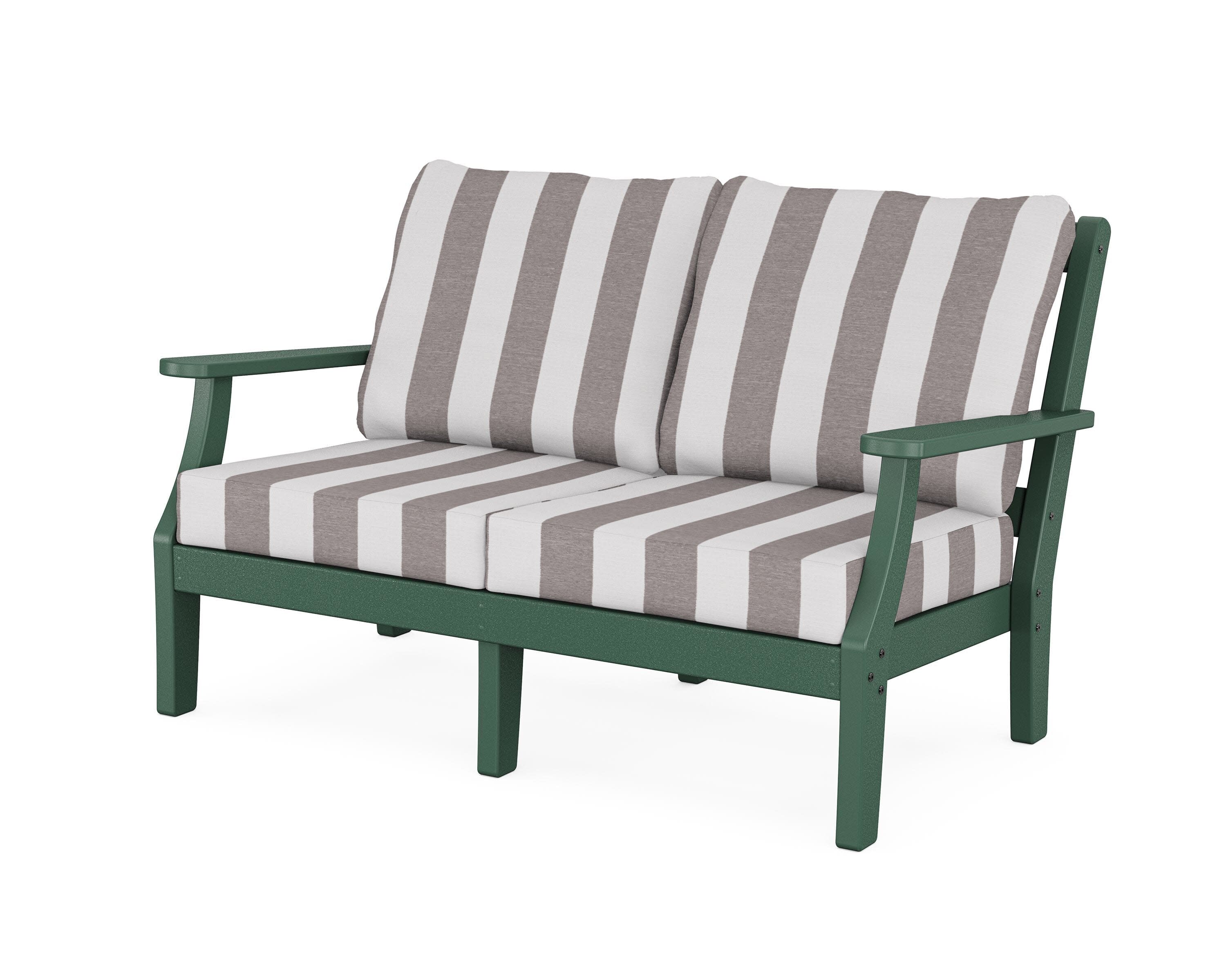 Chinoiserie Deep Seating Loveseat in Green / Cabana Stripe Grey Mist