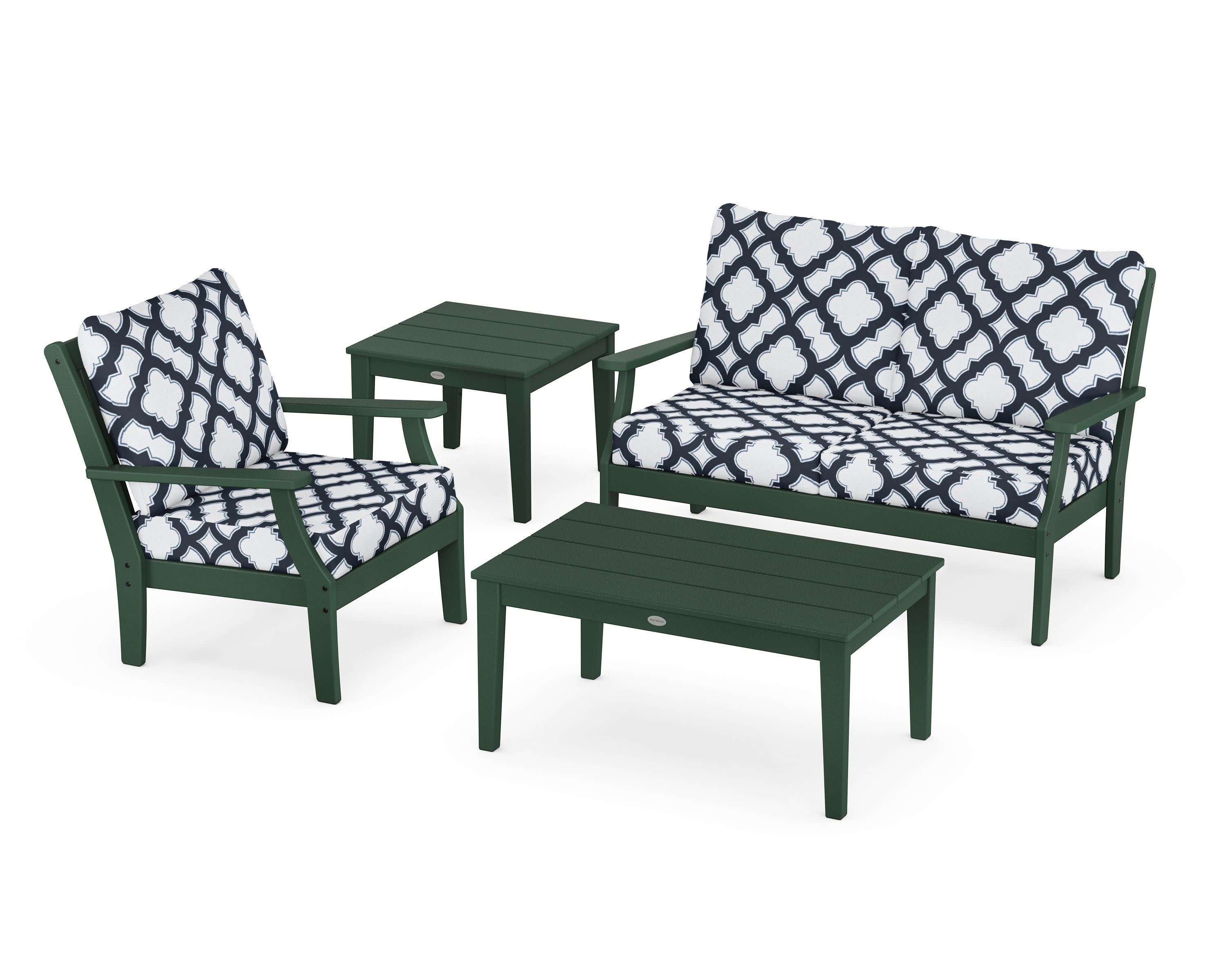 Braxton 4-Piece Deep Seating Set in Green / Trellis Marine Indigo