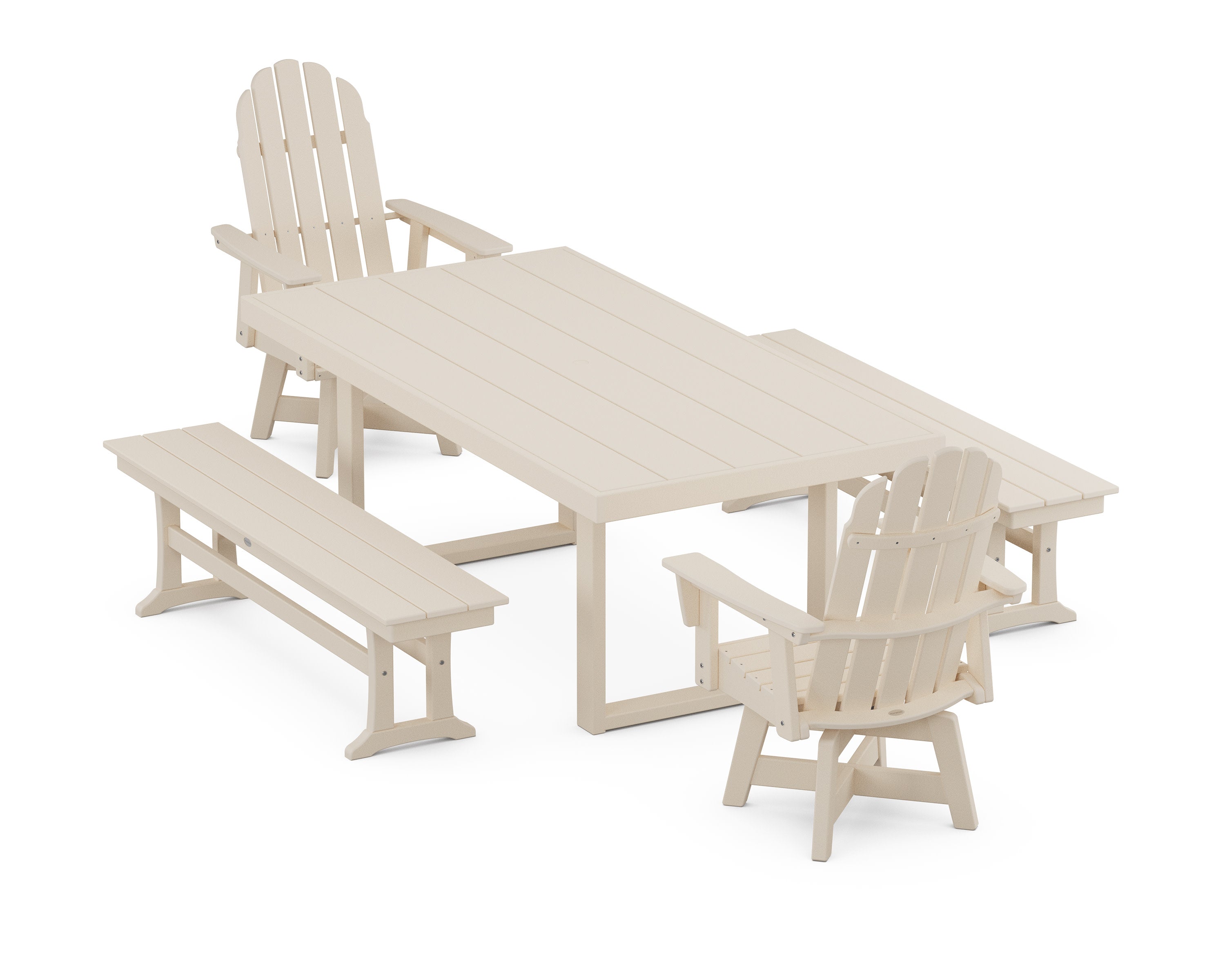Vineyard Curveback Adirondack Swivel Chair 5-Piece Dining Set with Benches in Sand