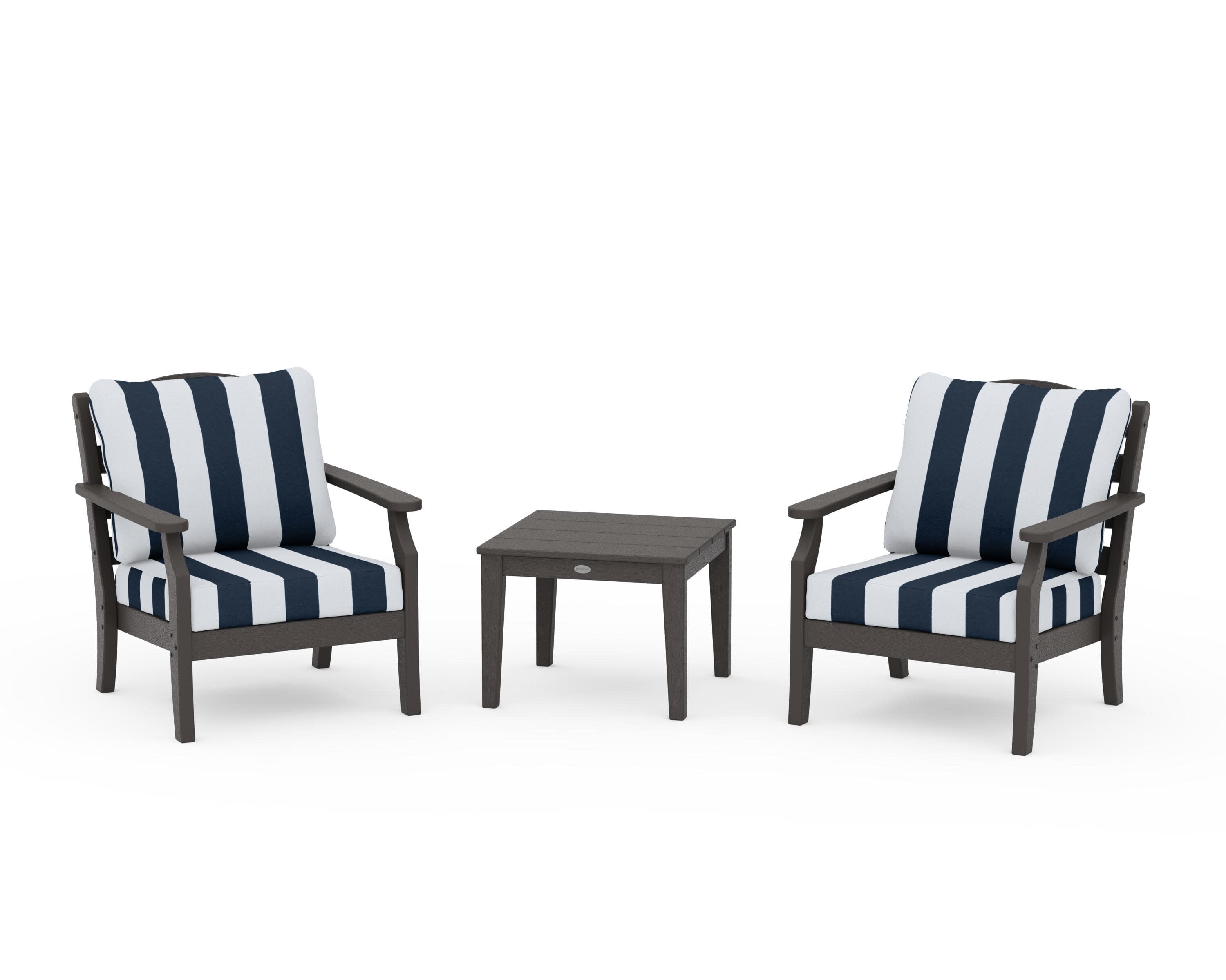 Savannah 3-Piece Deep Seating Set in Vintage Coffee / Cabana Stripe Marine Indigo