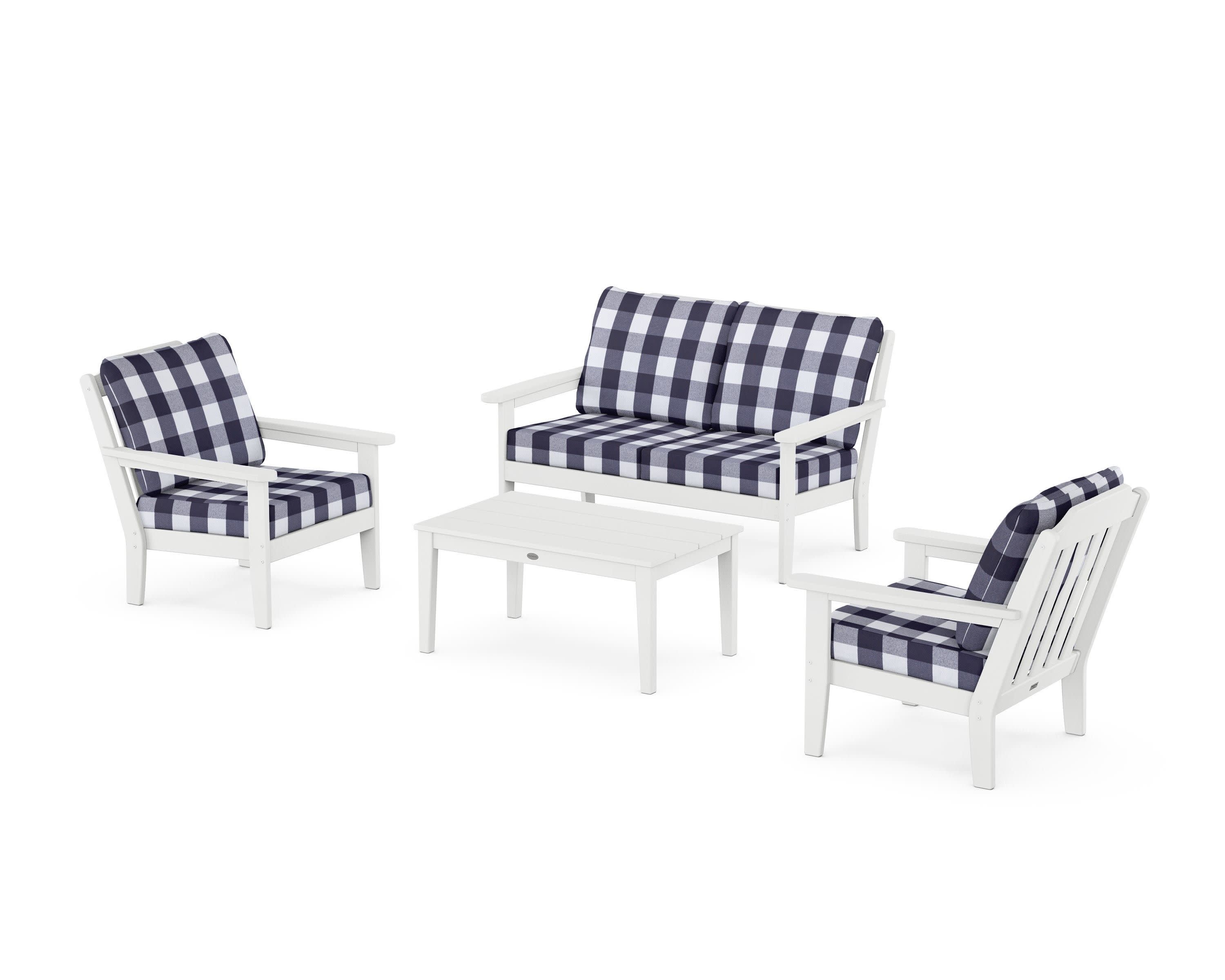 Cottage 4-Piece Deep Seating Set with Loveseat in White / Buffalo Plaid Navy