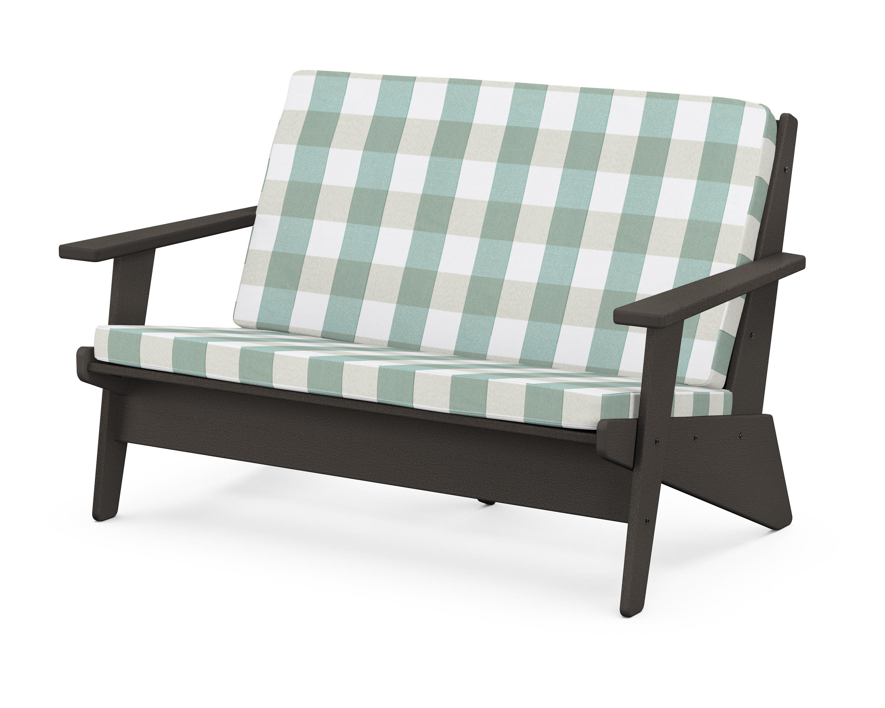 Riviera Modern Lounge Loveseat in Vintage Coffee / Buffalo Plaid Glacier Spa