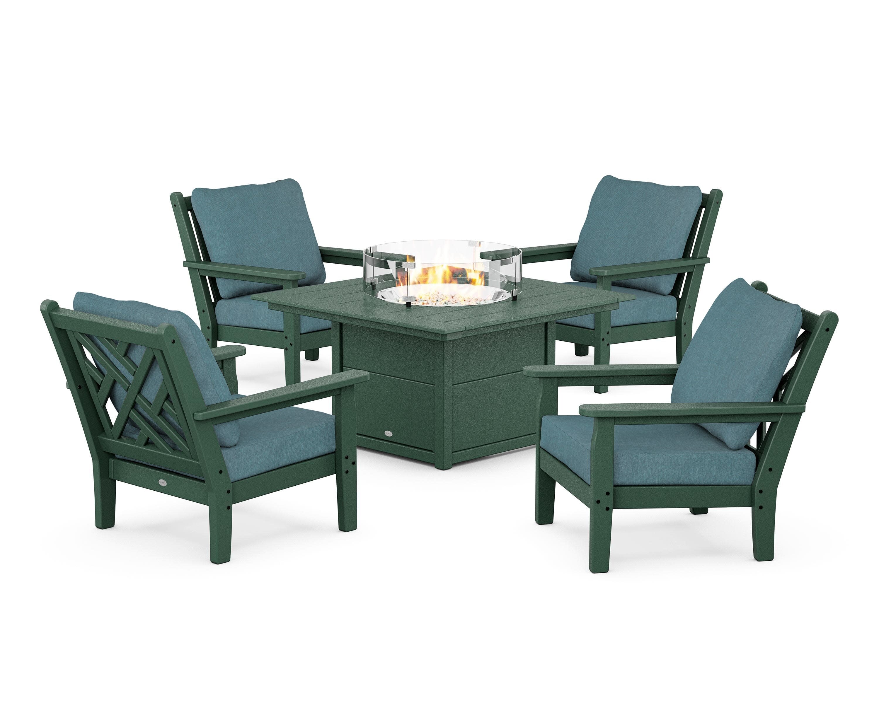 Chippendale 5-Piece Deep Seating Set with Fire Pit Table in Green / Ocean Teal