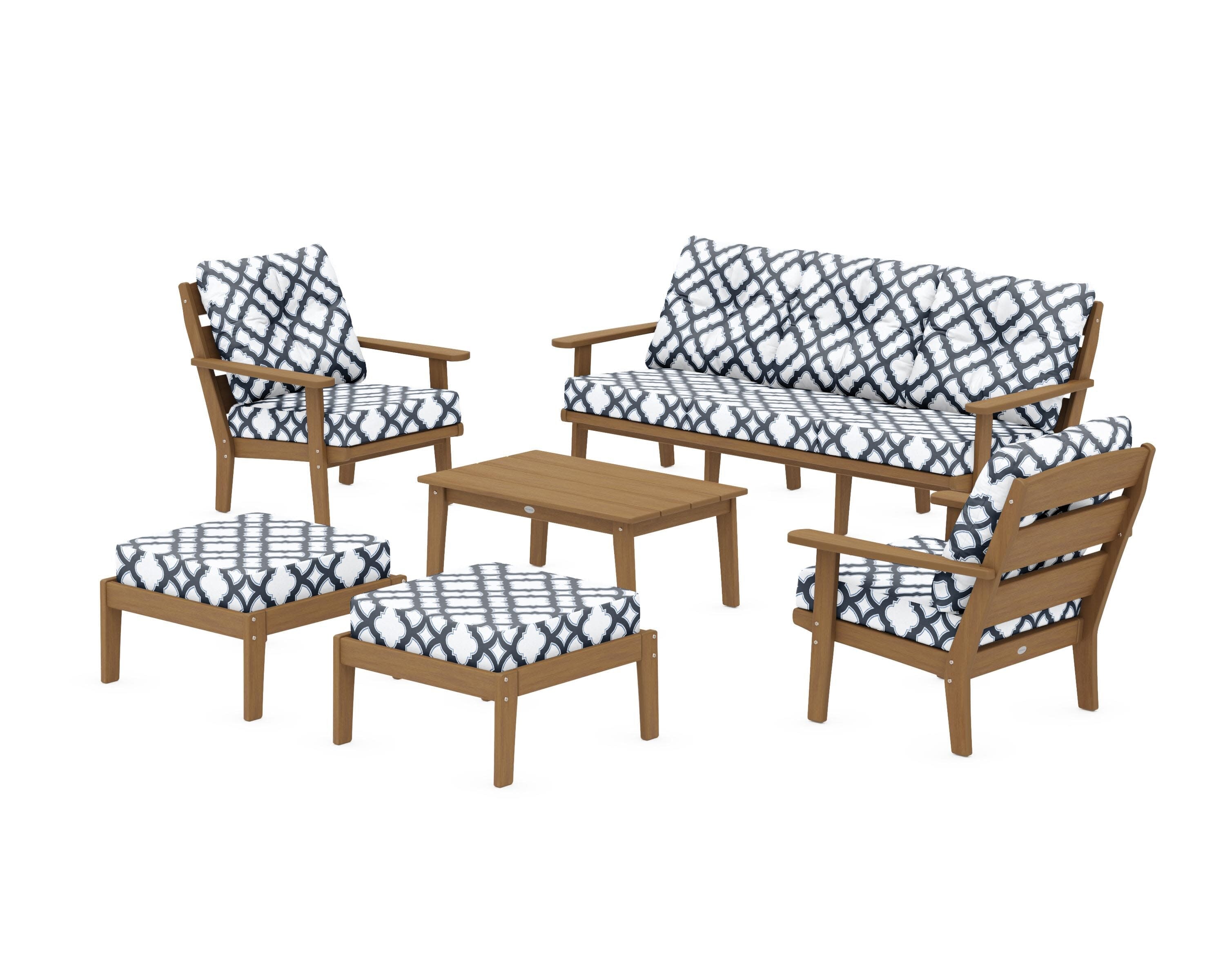Lakeside 6-Piece Lounge Sofa Set in Natural / Trellis Marine Indigo