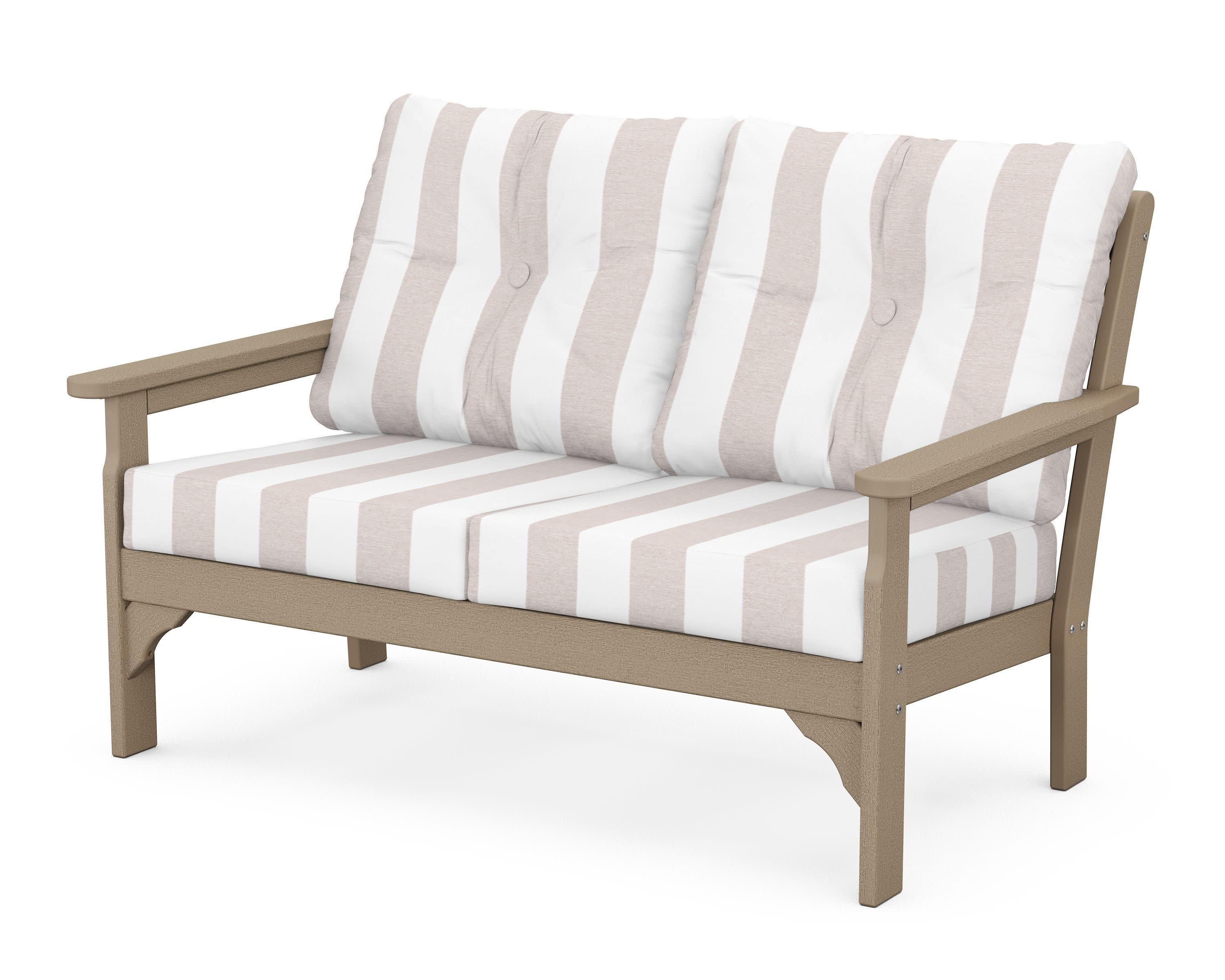 Vineyard Deep Seating Loveseat in Vintage Sahara / Cabana Stripe Dune Burlap