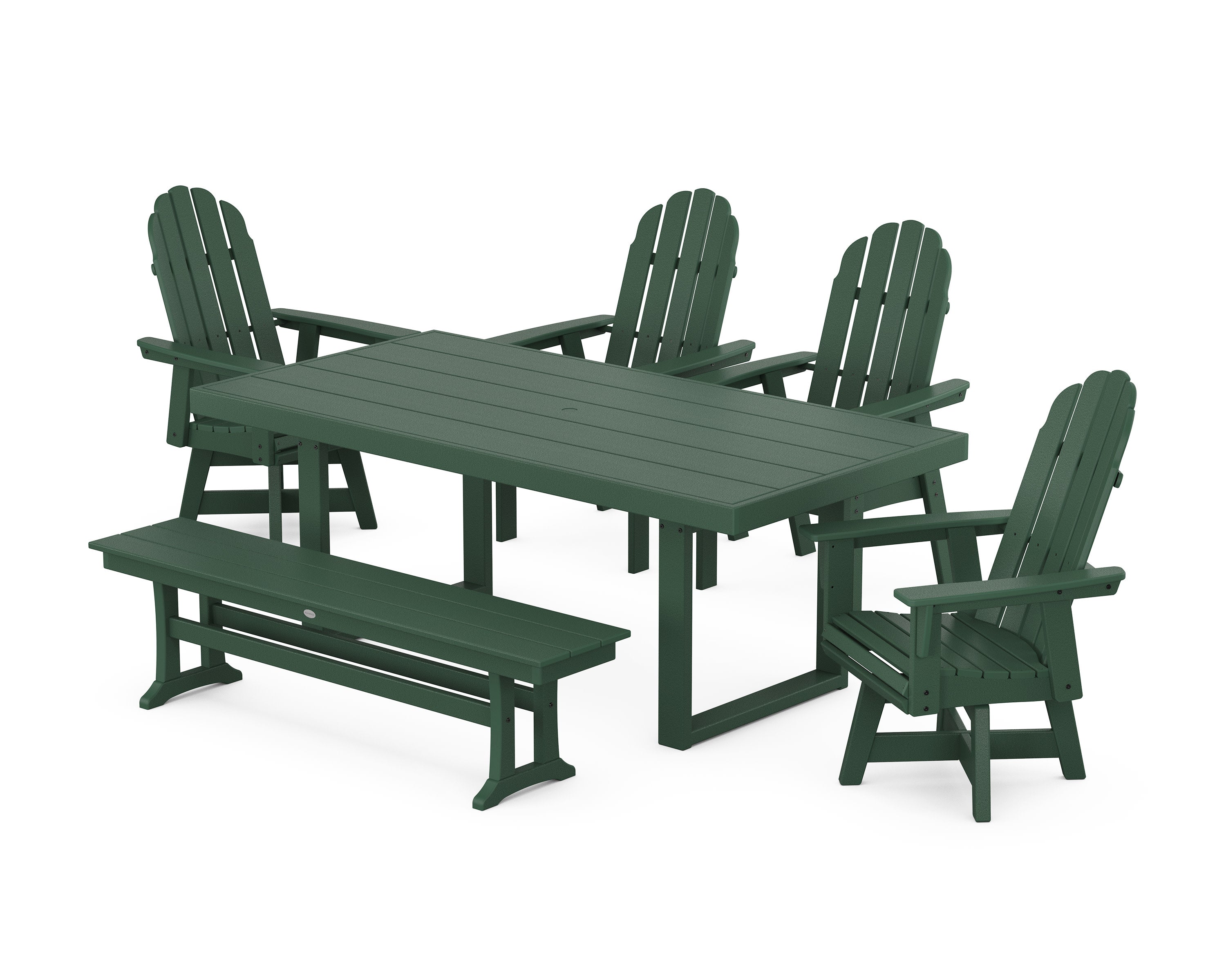 Vineyard Curveback Adirondack Swivel Chair 6-Piece Dining Set with Bench in Green