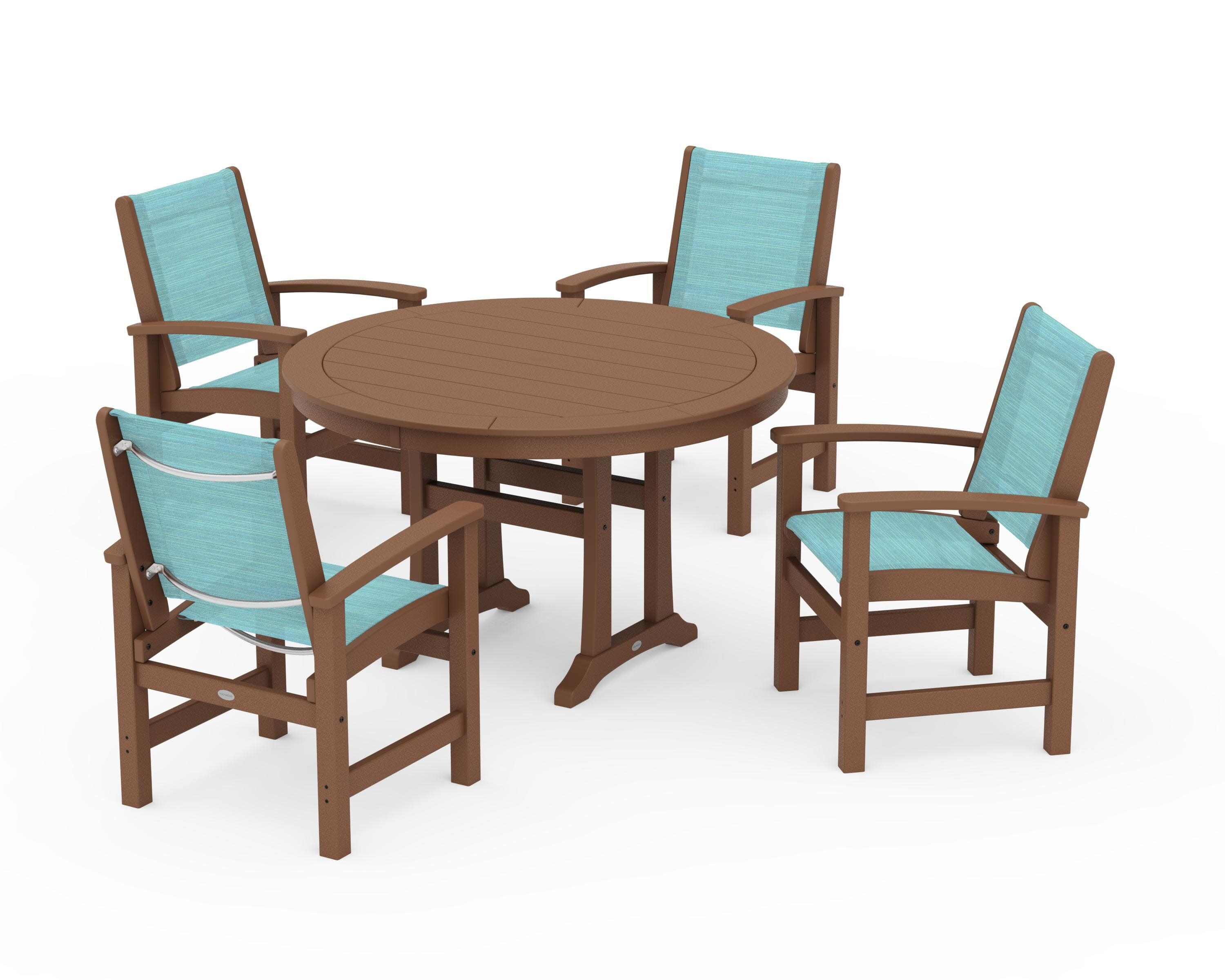 Coastal 5-Piece Round Dining Set with Trestle Legs in Teak / Dupioni Aquamarine Sling