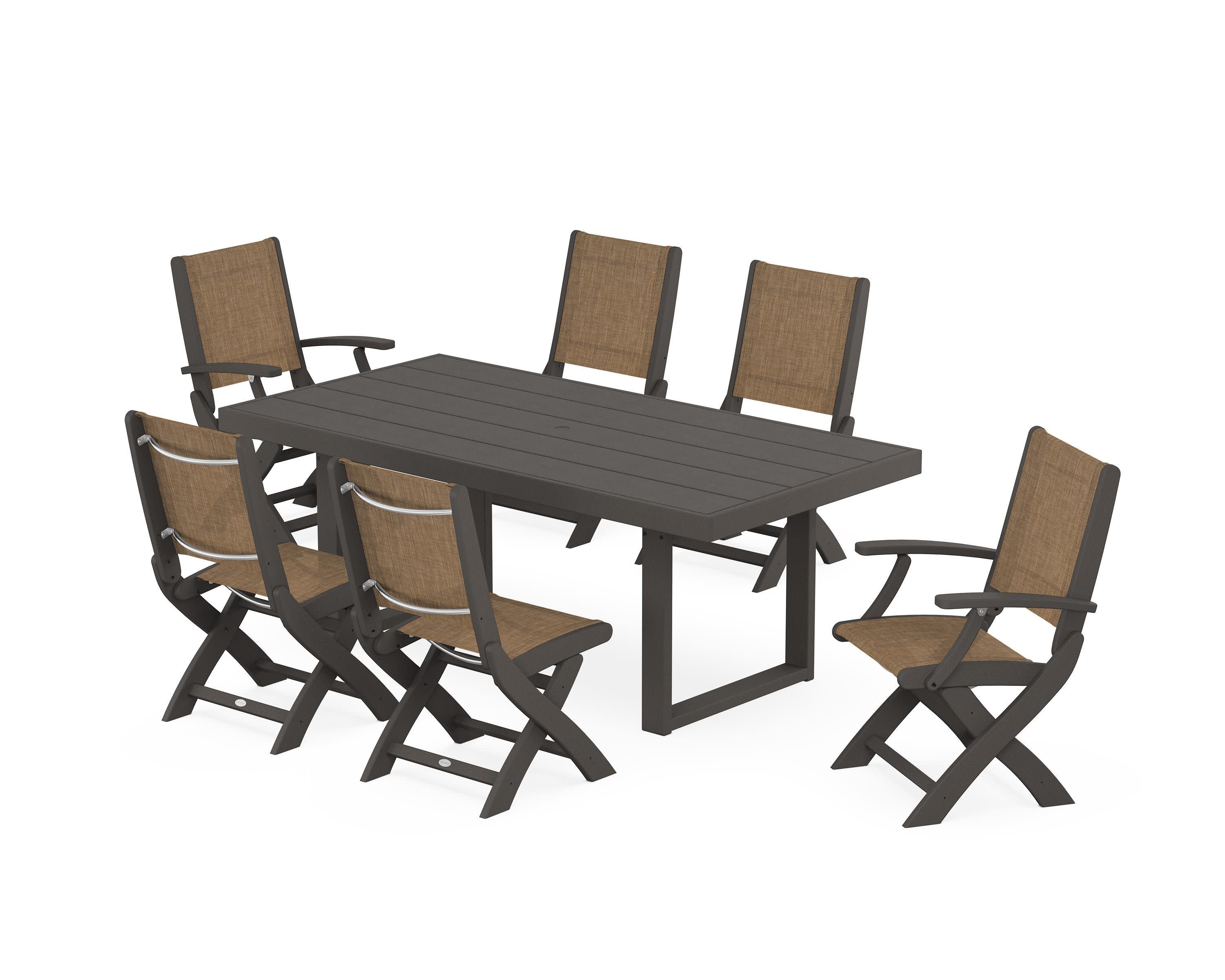 Coastal Folding Chair 7-Piece Dining Set with Trestle Legs in Vintage Coffee / Burlap Sling