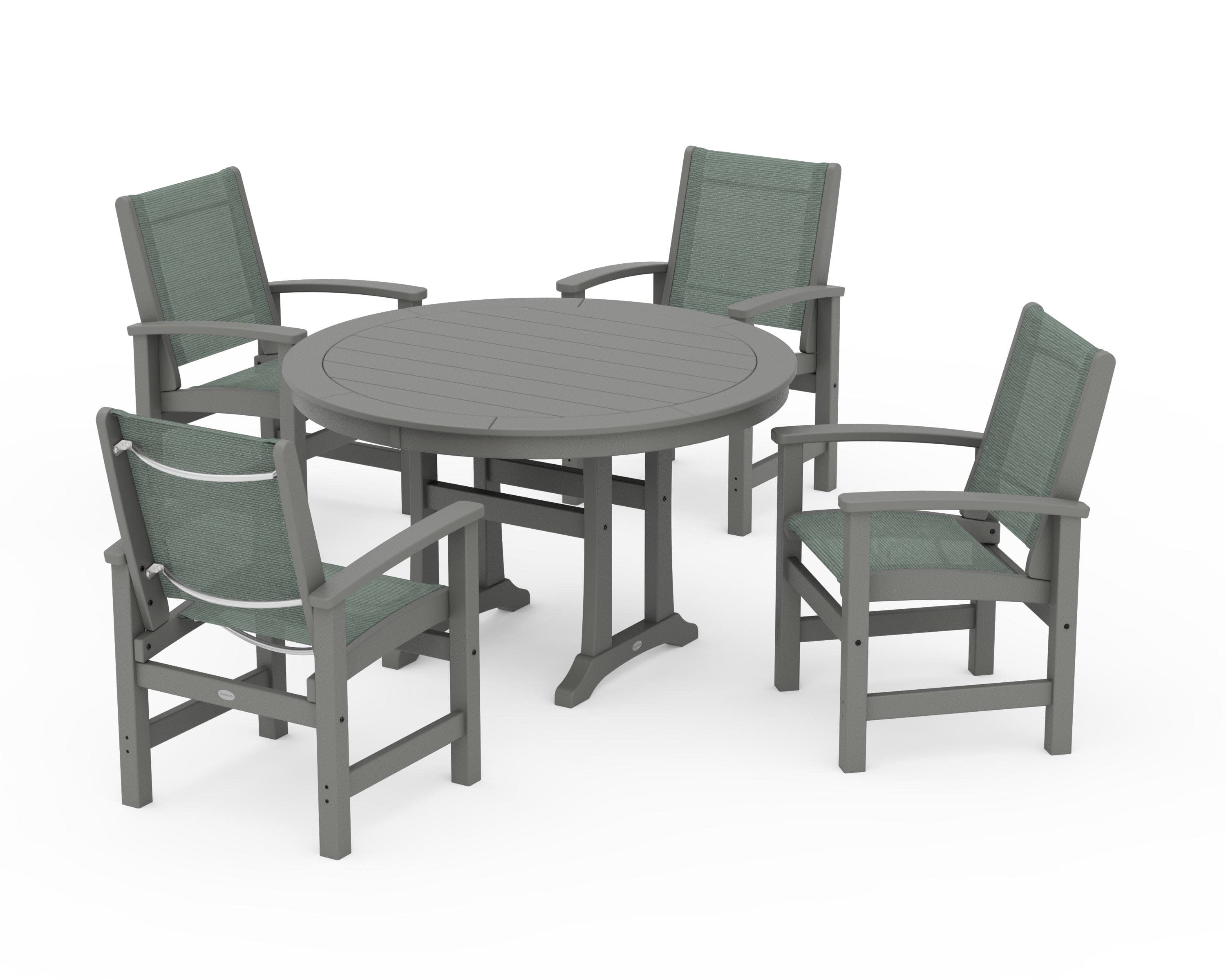 Coastal 5-Piece Round Dining Set with Trestle Legs in Slate Grey / Dupioni Sea Mist Sling