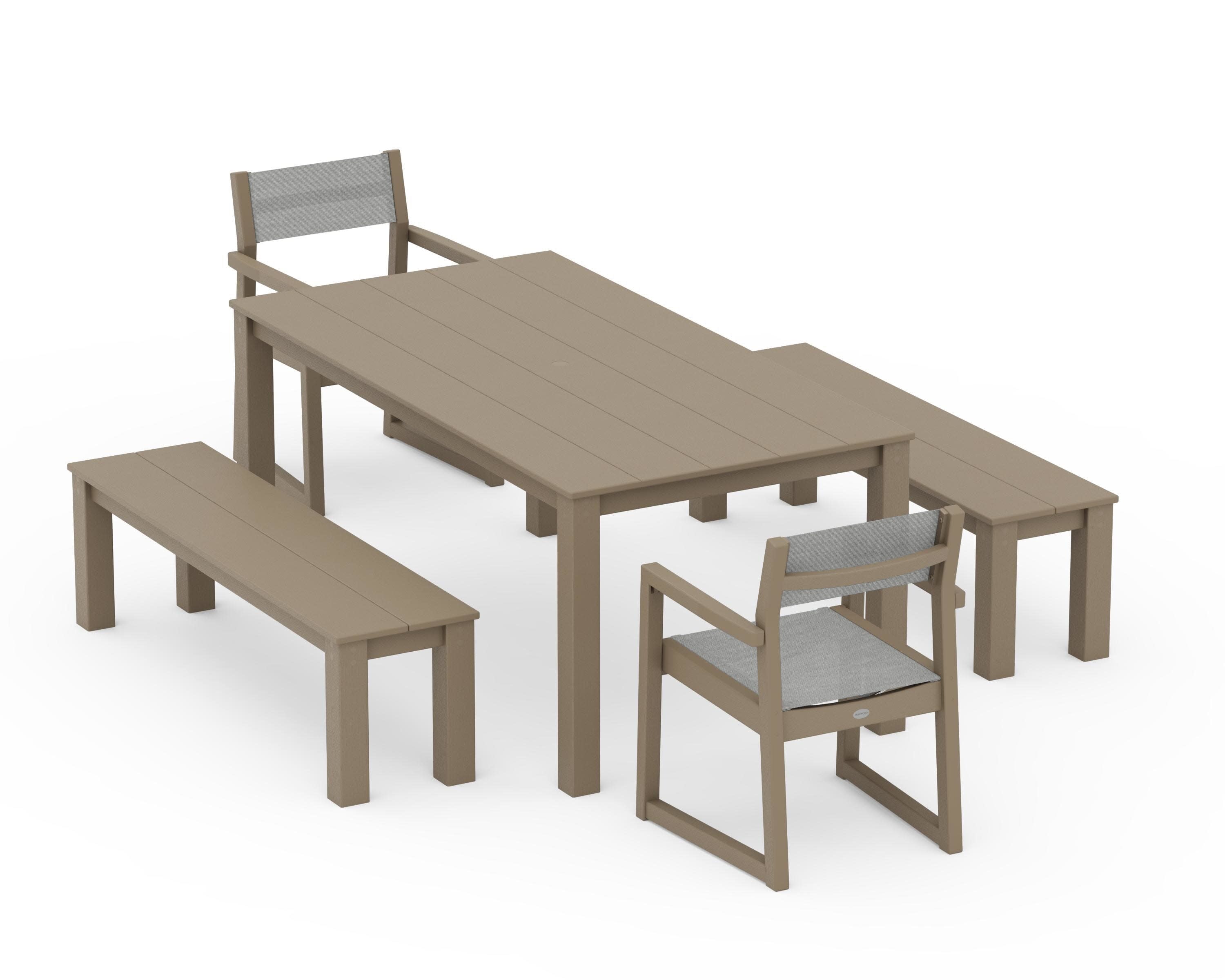 EDGE Sling Arm Chair 5-Piece Parsons Dining Set with Benches in Vintage Sahara / Metallic Sling