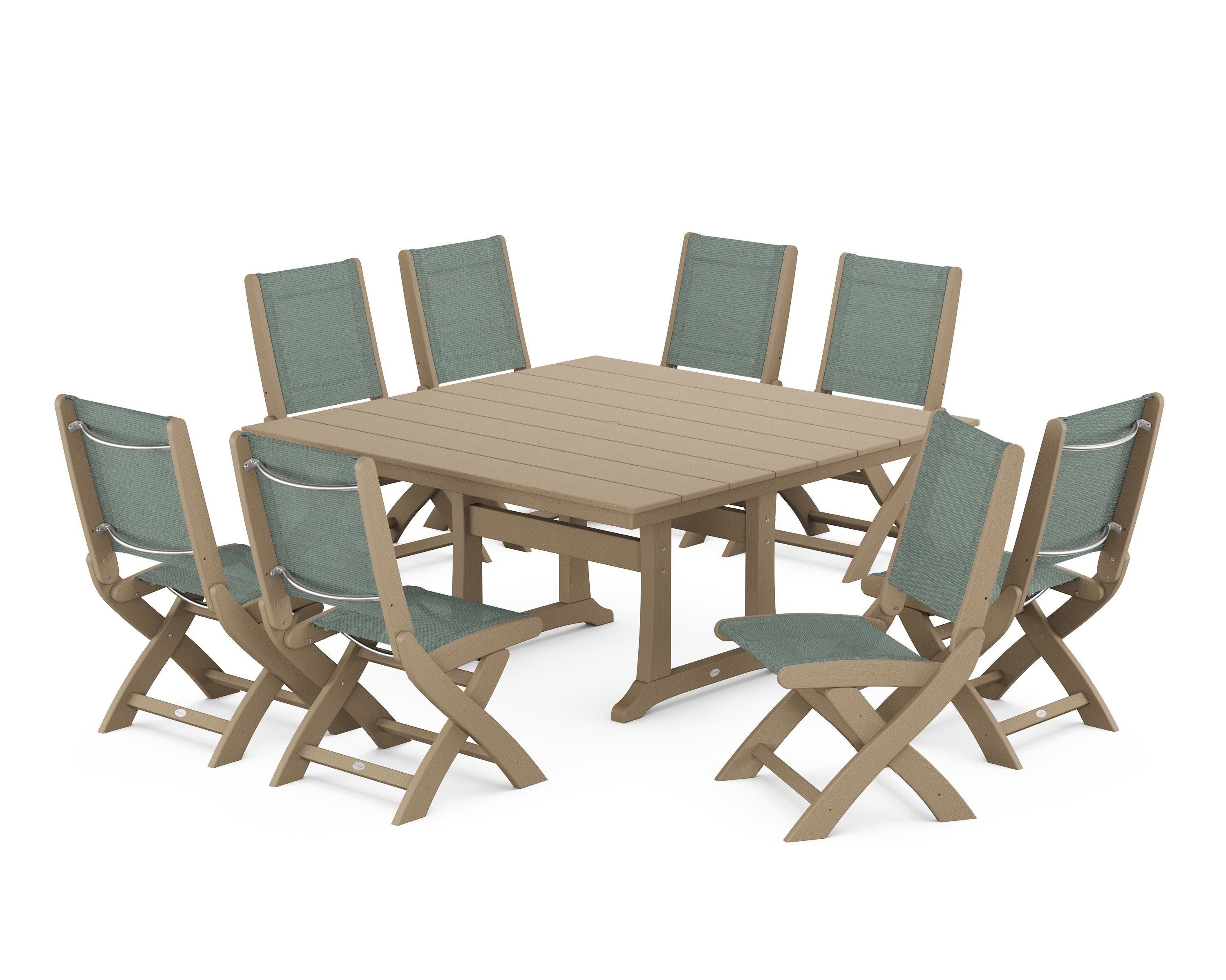 Coastal Folding Side Chair 9-Piece Farmhouse Dining Set in Vintage Sahara / Dupioni Sea Mist Sling