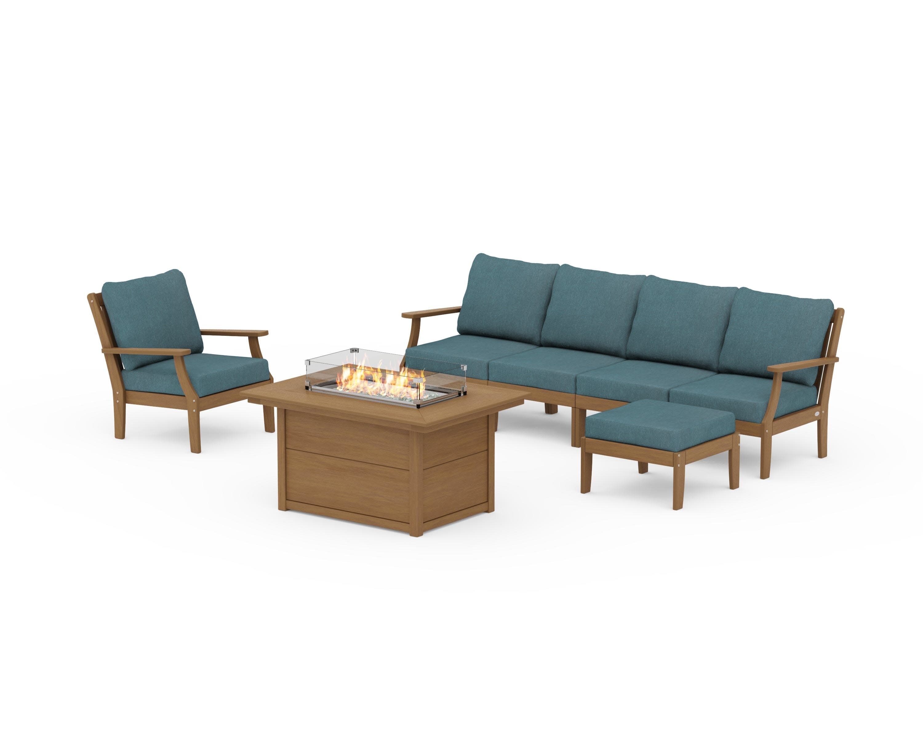 Braxton Sectional Lounge and Fire Pit Set in Natural / Ocean Teal