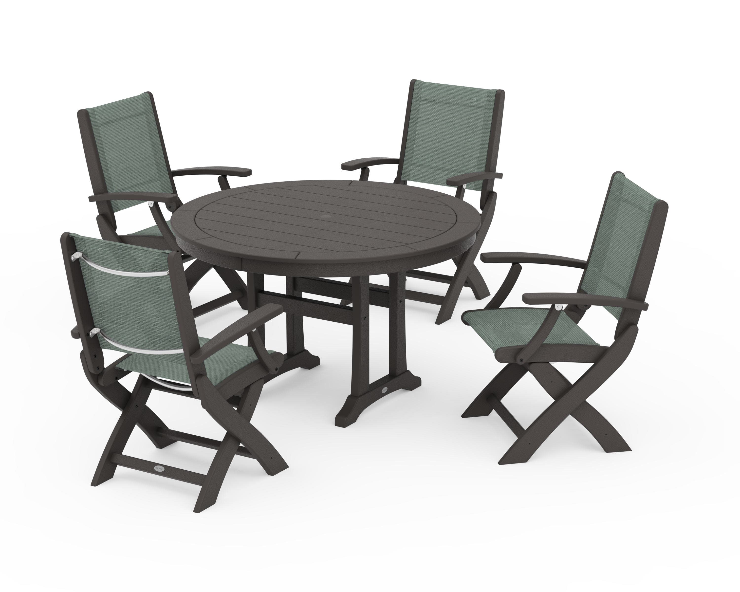 Coastal Folding Chair 5-Piece Round Dining Set with Trestle Legs in Vintage Coffee / Dupioni Sea Mist Sling