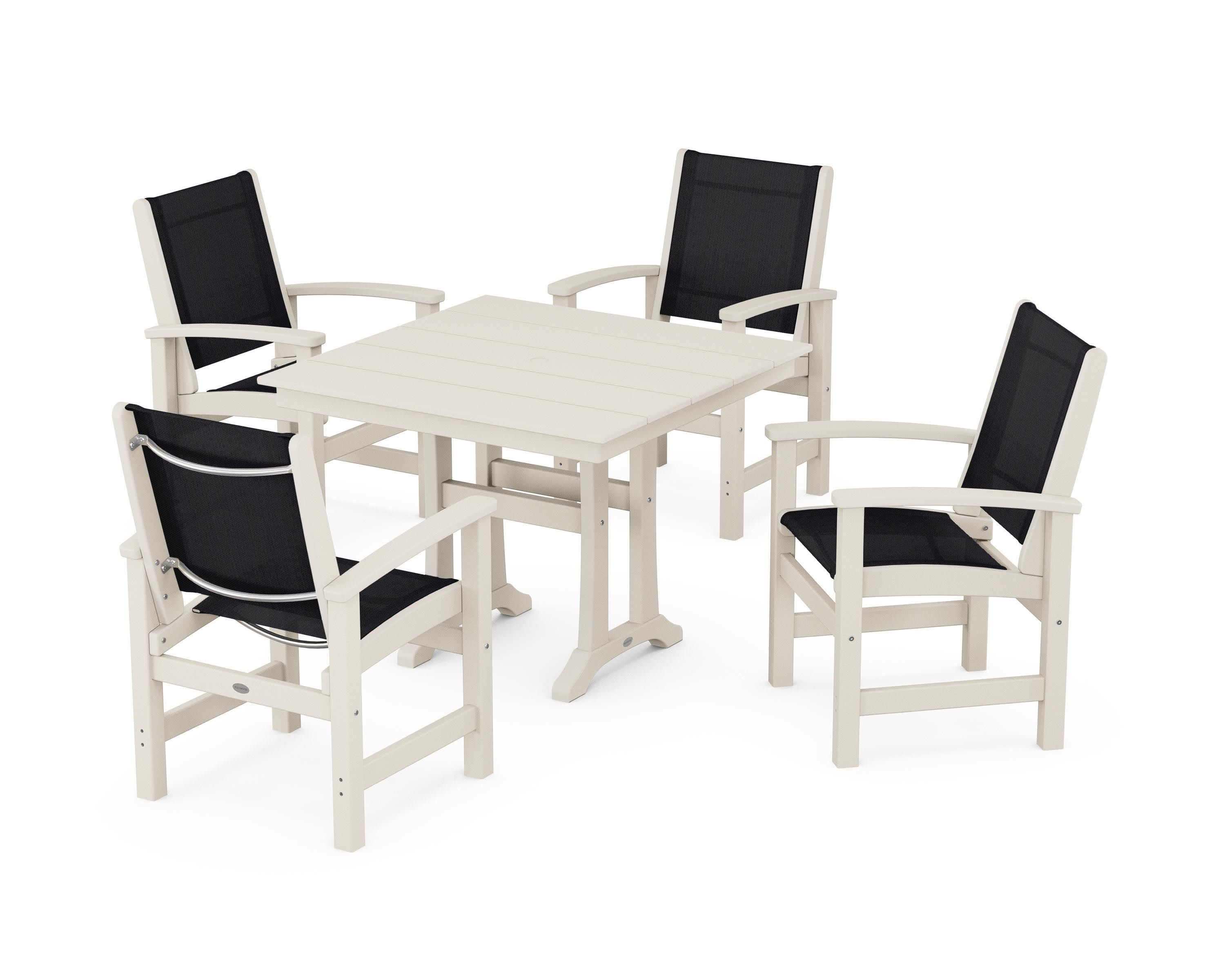 Coastal 5-Piece Farmhouse Dining Set With Trestle Legs in Sand / Black Sling
