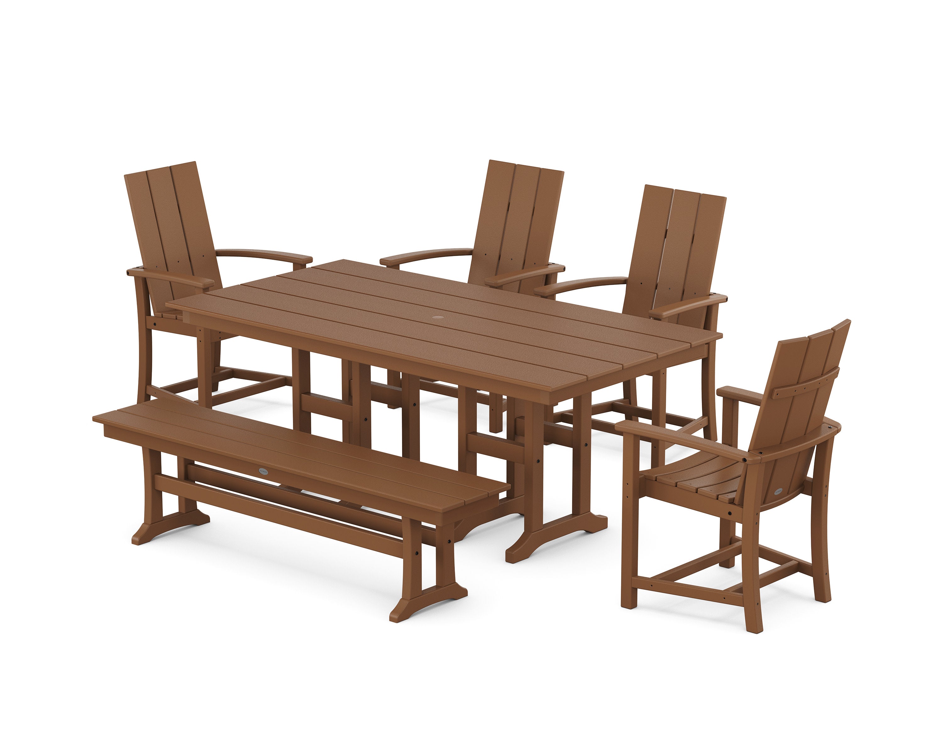 Modern Adirondack 6-Piece Dining Set with Trestle Legs and Bench in Teak