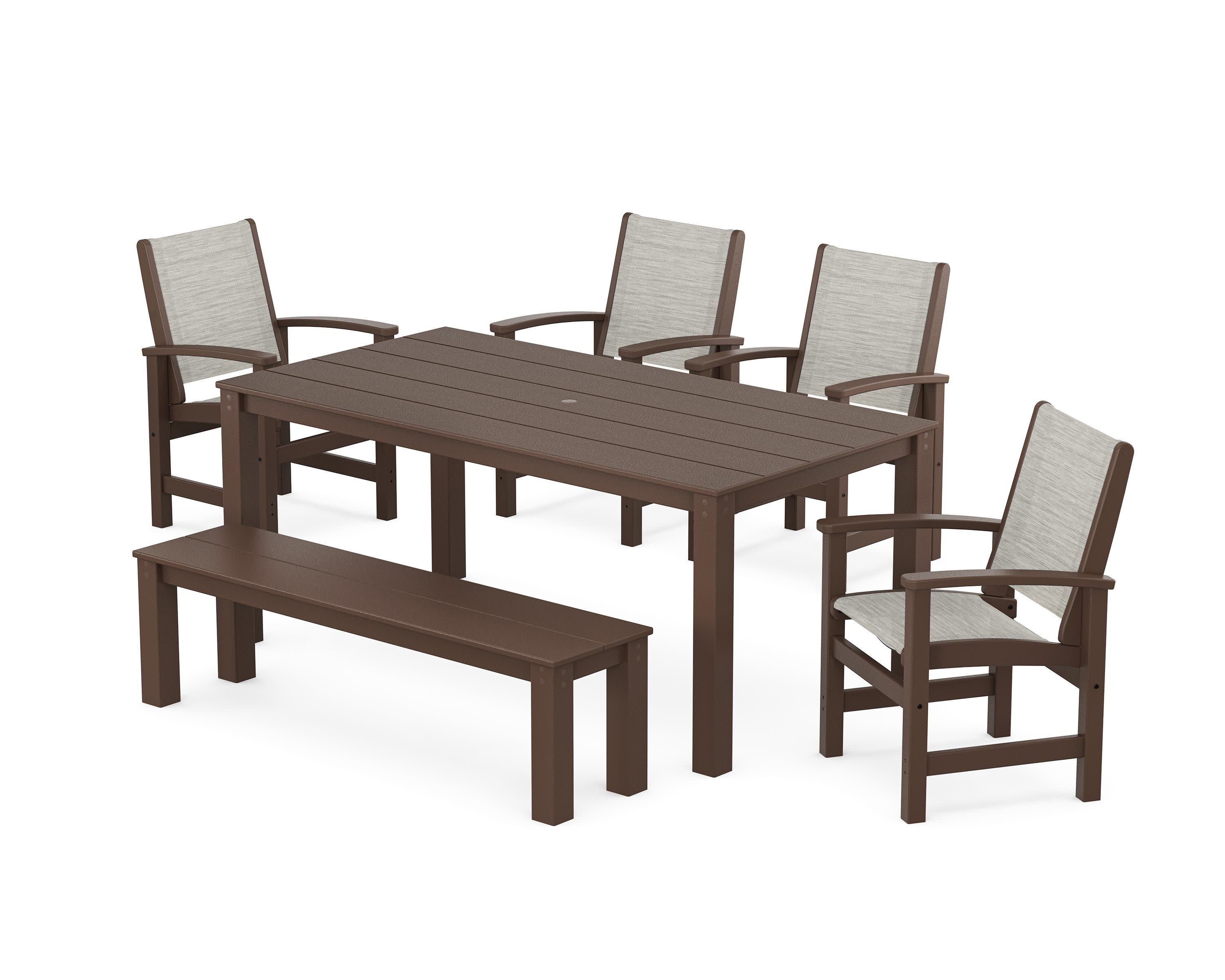 Coastal 6-Piece Parsons Dining Set with Bench in Mahogany / Birch Sling