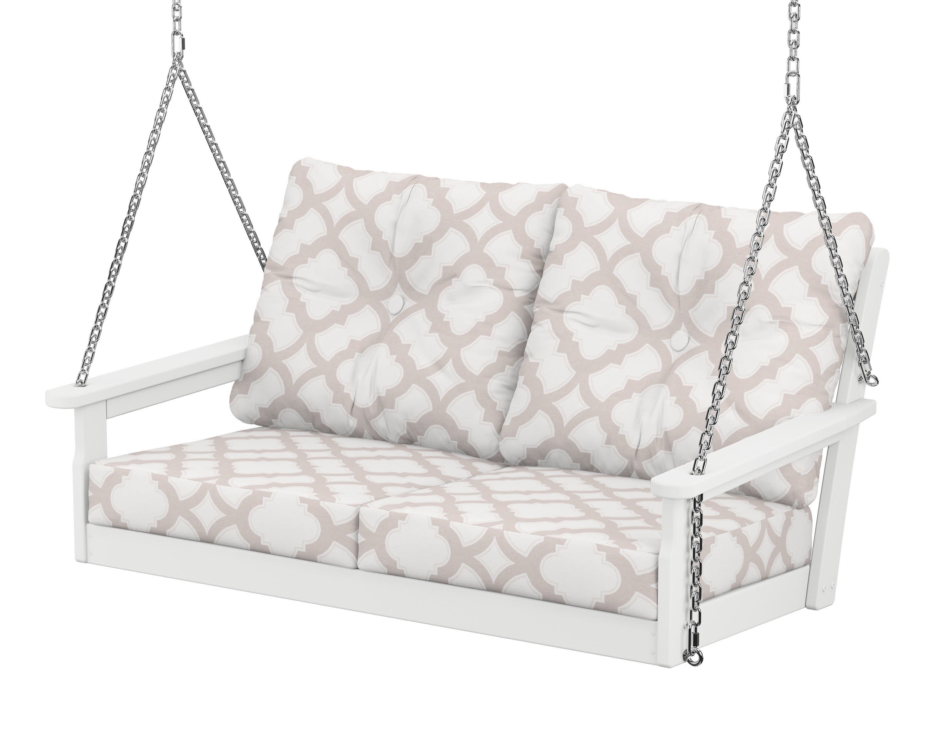 Vineyard Deep Seating Swing in White / Trellis Dune Burlap