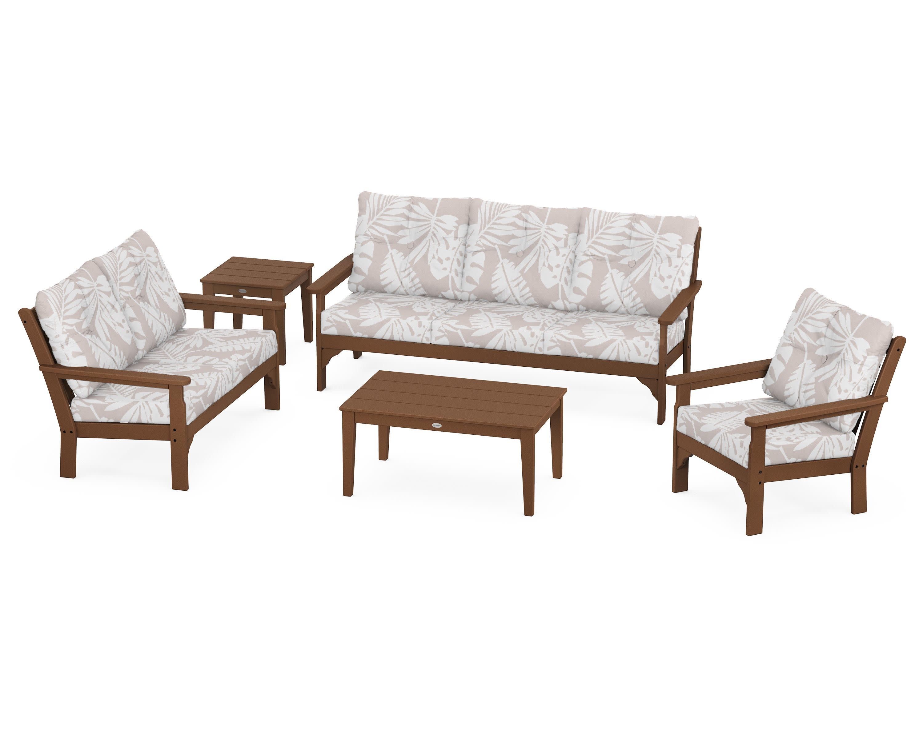 Vineyard 5 Piece Deep Seating Set in Teak / Leaf Dune Burlap