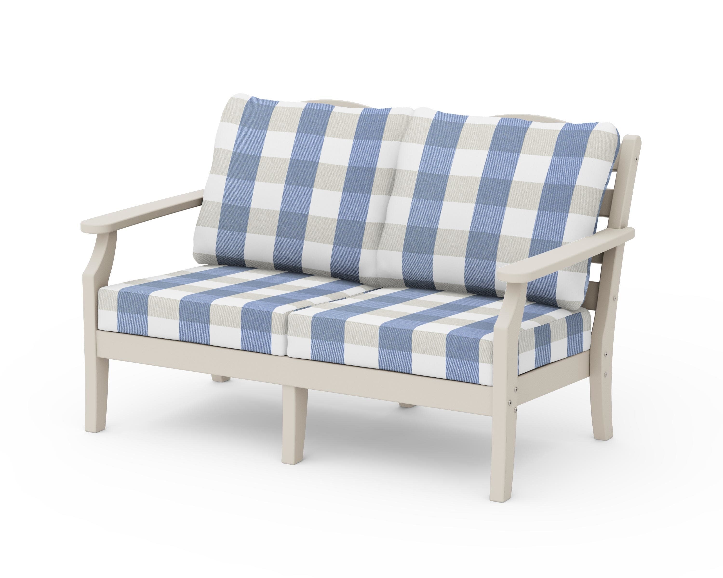 Savannah Deep Seating Loveseat in Sand / Buffalo Plaid Sky Blue