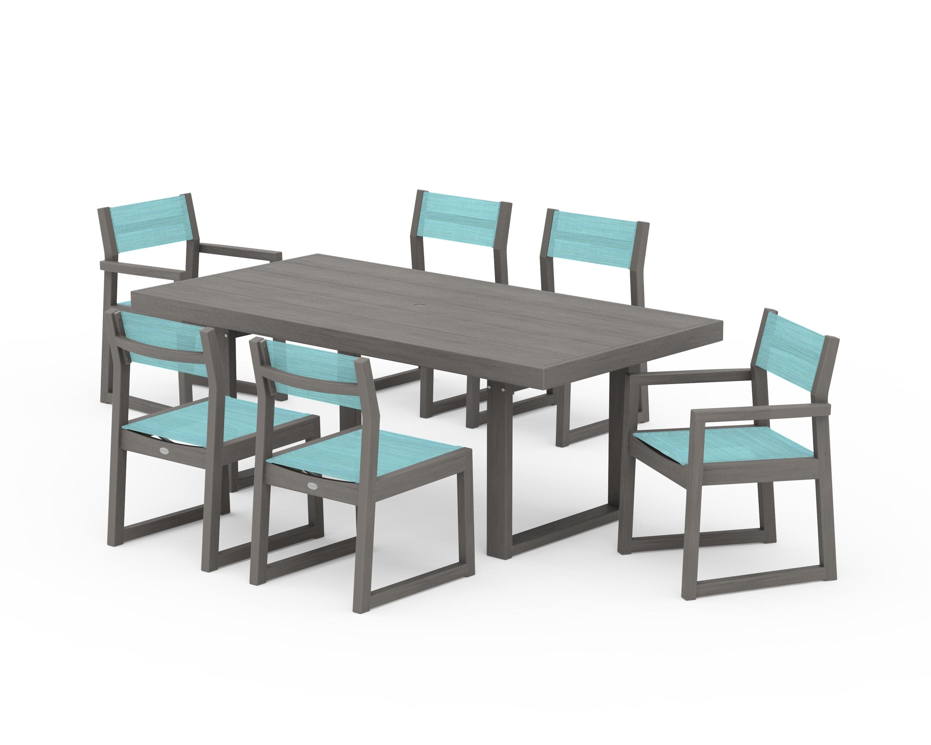 EDGE Sling 7-Piece Dining Set in Driftwood / Dupioni Aquamarine Sling