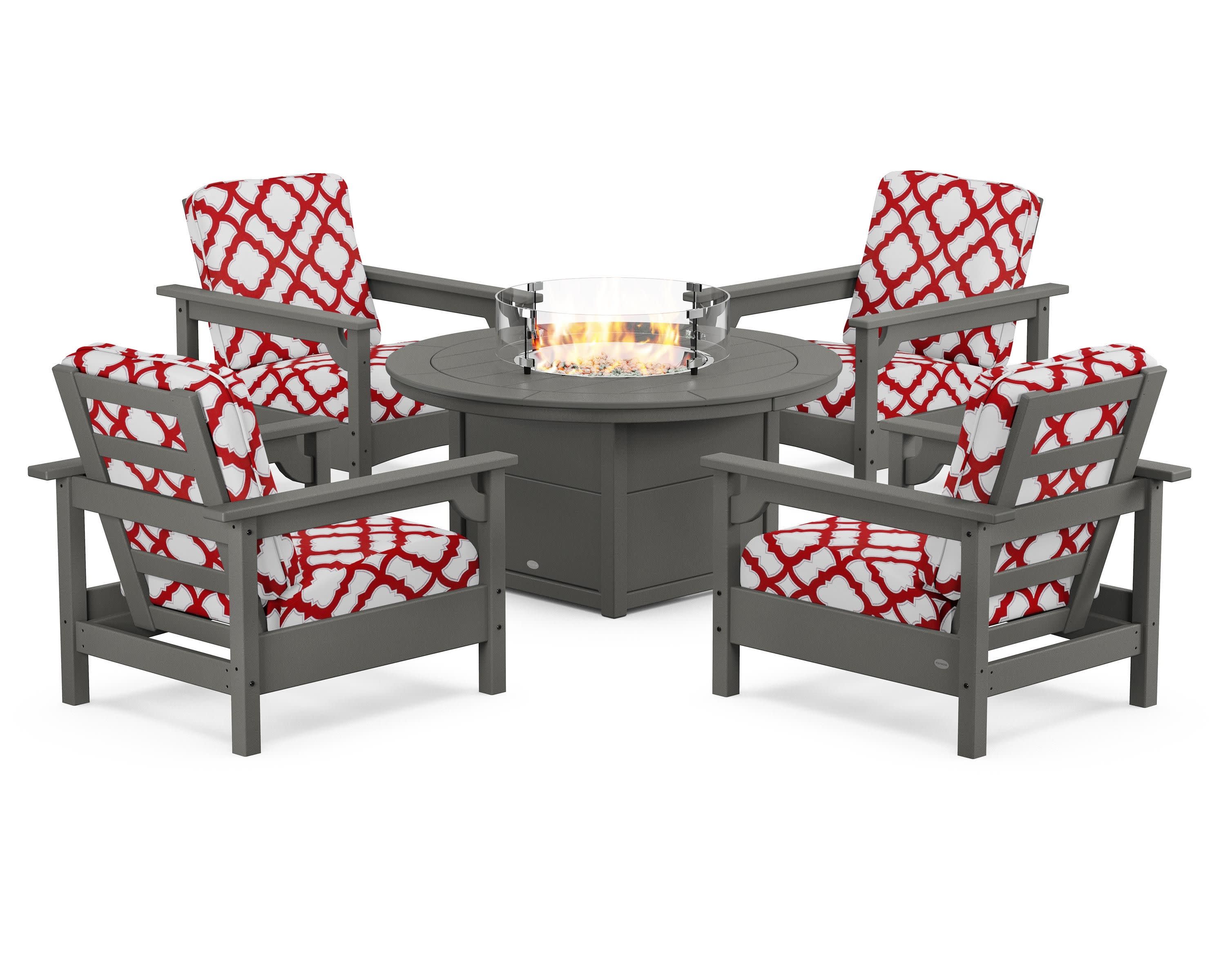 Club 5-Piece Conversation Set with Fire Pit Table in Slate Grey / Trellis Crimson