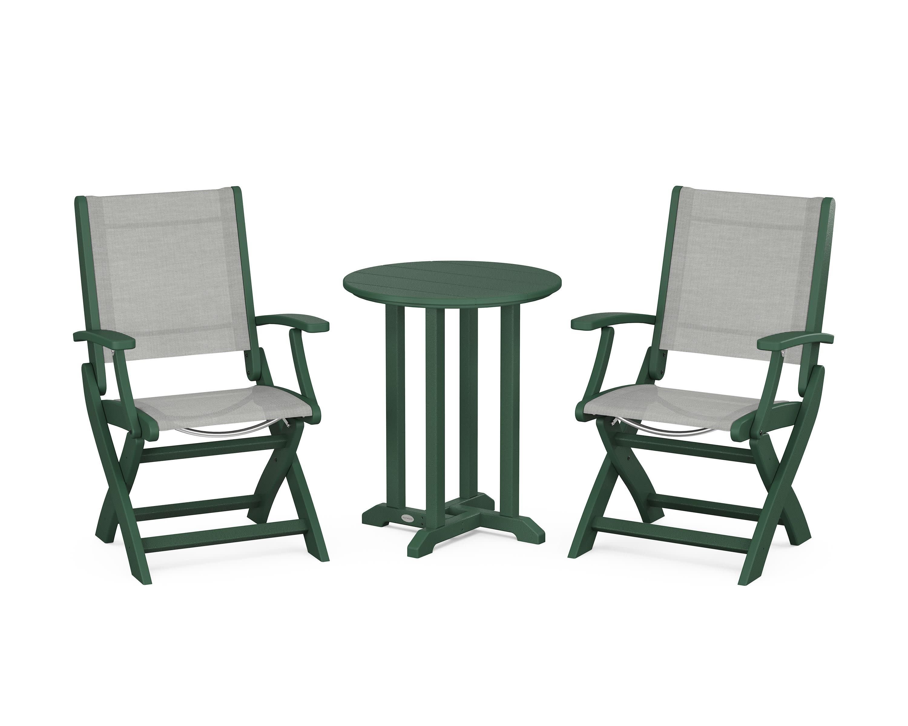 Coastal Folding 3-Piece Round Bistro Dining Set in Green / Metallic Sling