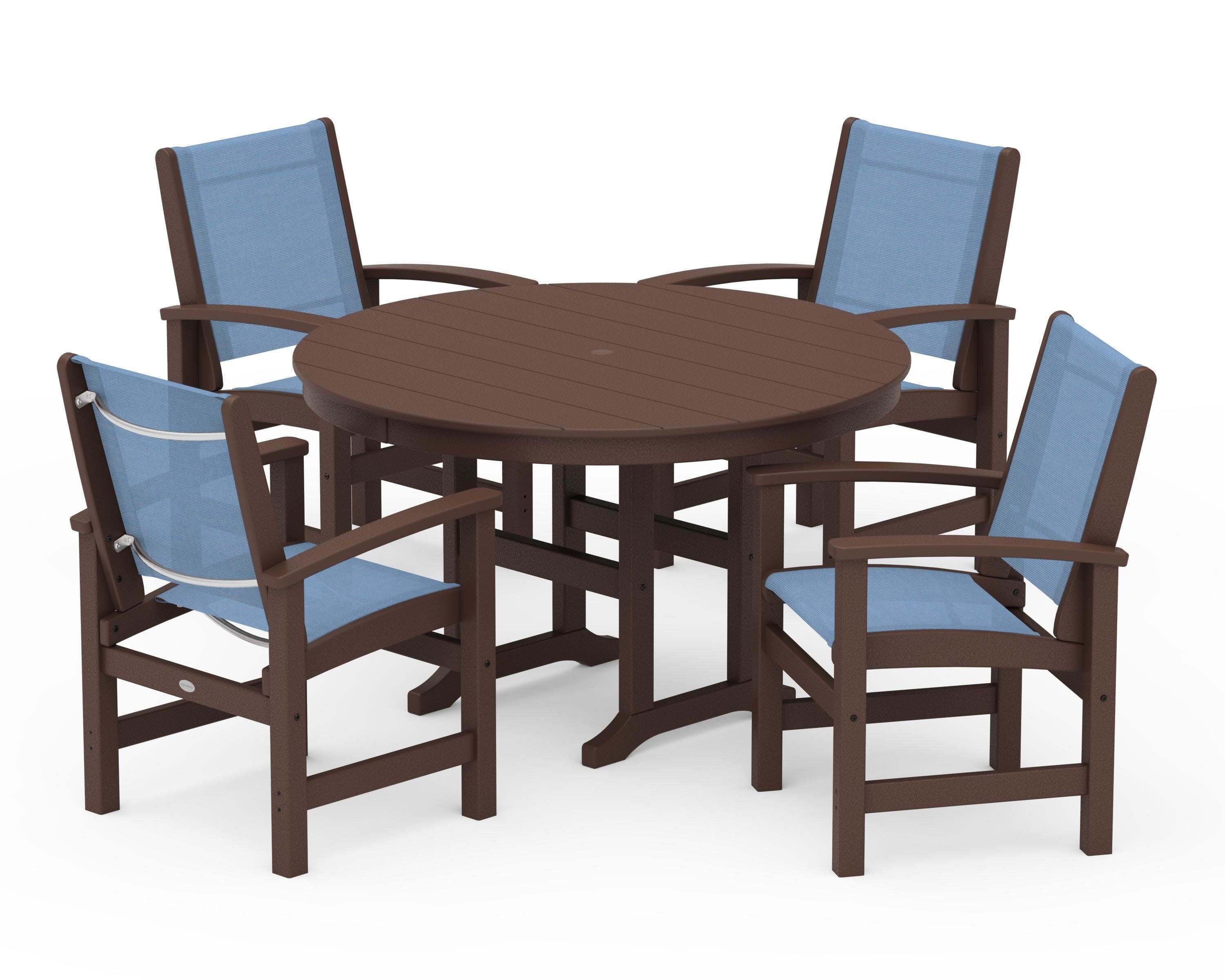 Coastal 5-Piece Round Farmhouse Dining Set in Mahogany / Poolside Sling